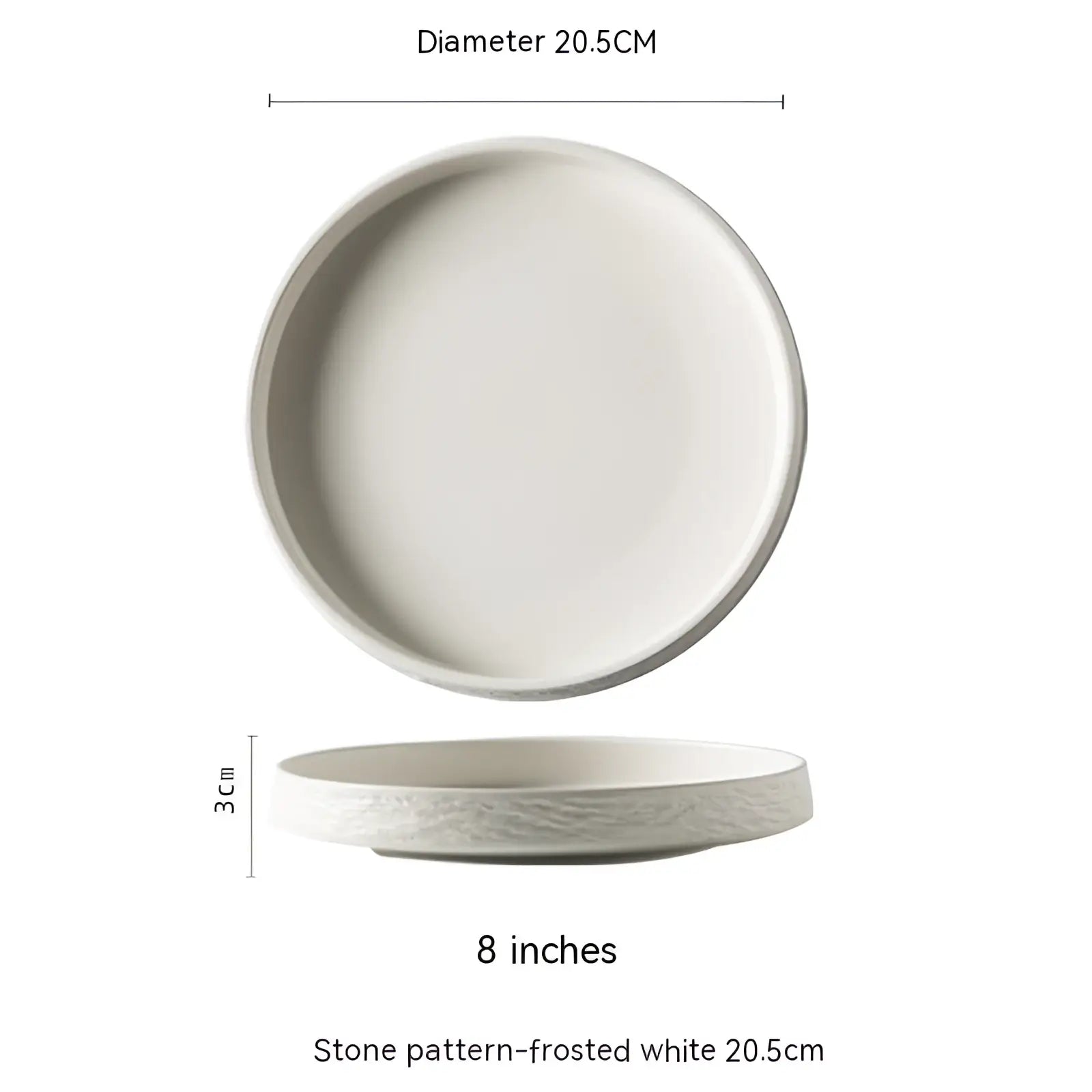 A frosted white ceramic deep plate with subtle stone pattern rim measuring 20.5 cm diameter for Japanese tableware