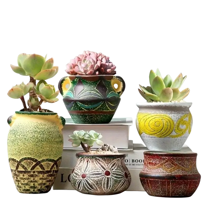 Handcrafted ceramic succulent planter pot in earthy tones with intricate patterns and no visible packaging damage