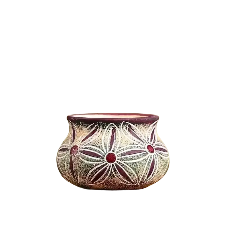 Ceramic succulent planter pot with rounded shape, intricate white floral patterns, and deep burgundy accents, no packaging damage