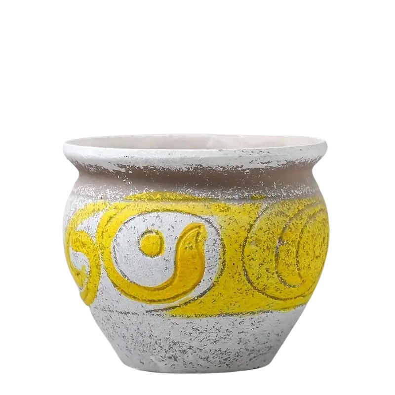 Textured gray ceramic succulent planter pot with vibrant yellow swirling band showing no packaging damage