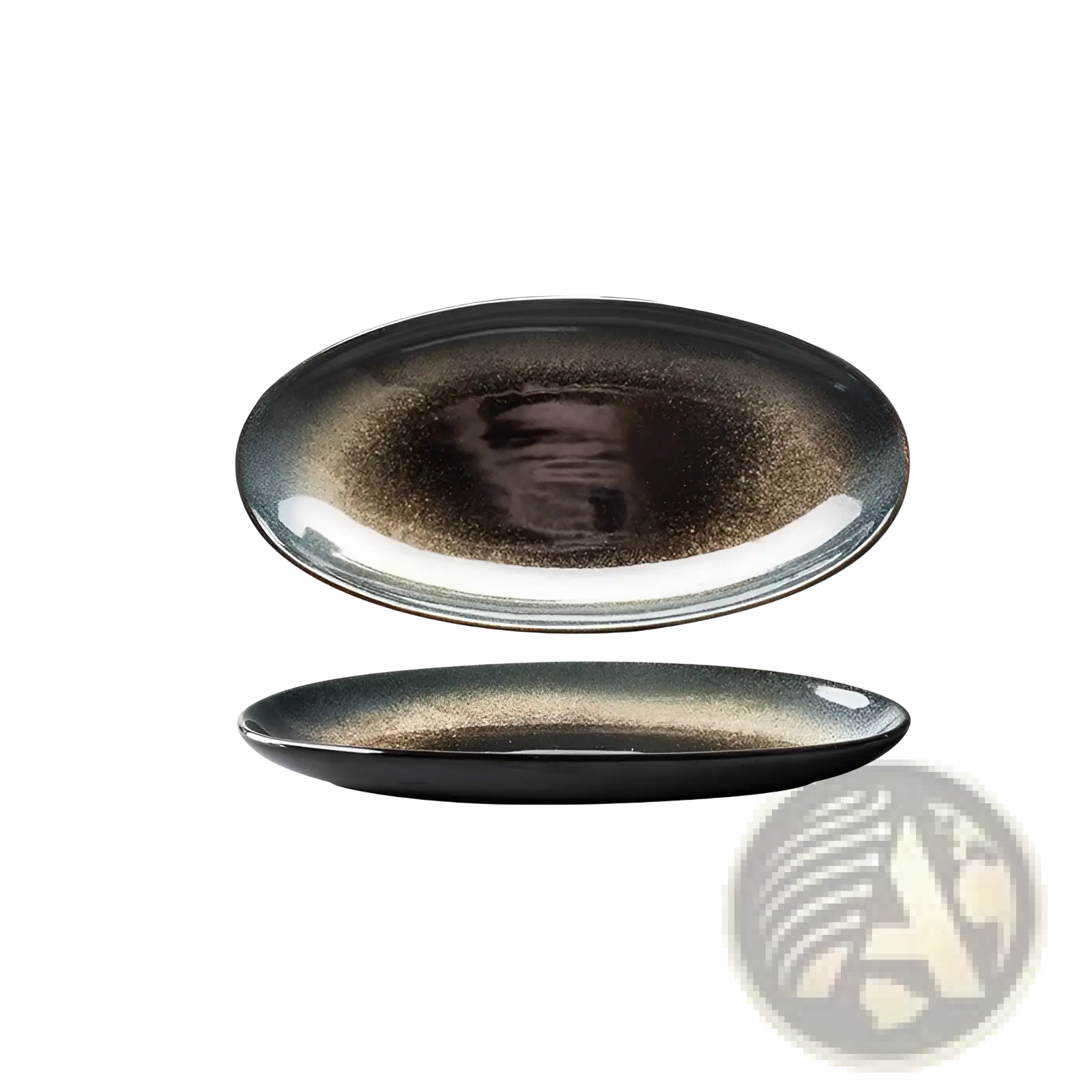 Elegant oval ceramic plate from ceramic tableware set in black and gold kiln glaze porcelain with gradient rim