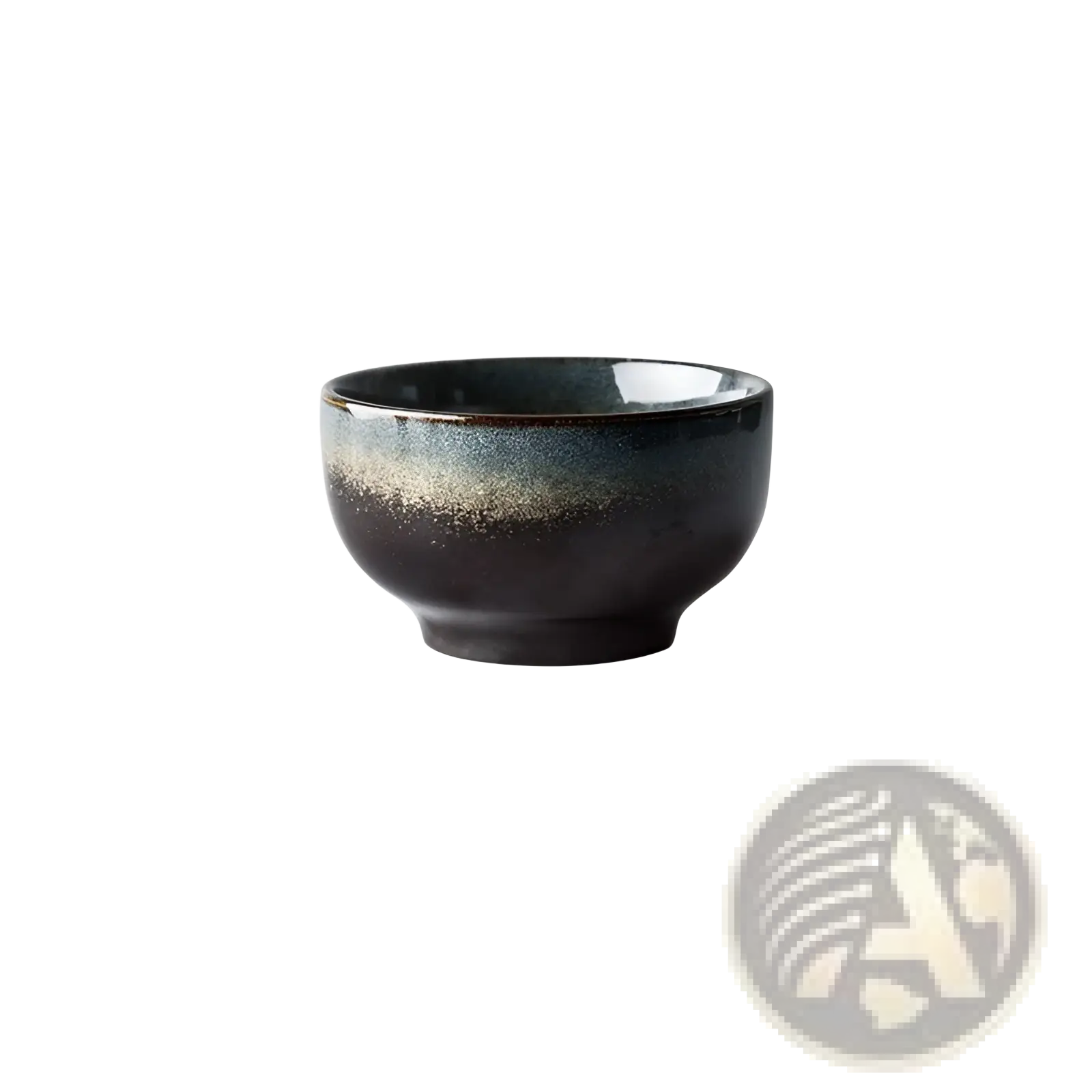 A sleek handcrafted black and gold kiln glaze porcelain ceramic bowl with a glossy blue gradient near the rim