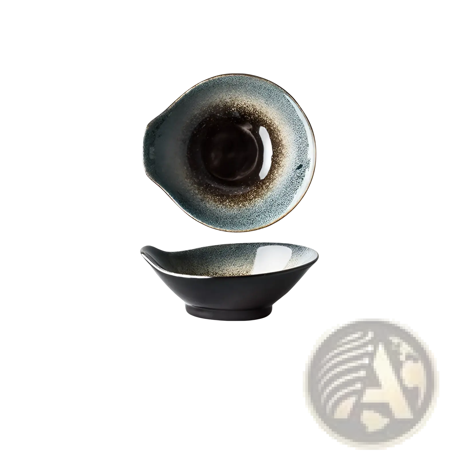 A sleek handcrafted ceramic bowl with a glossy black and teal glaze fading into speckled gray rim from a porcelain tableware set