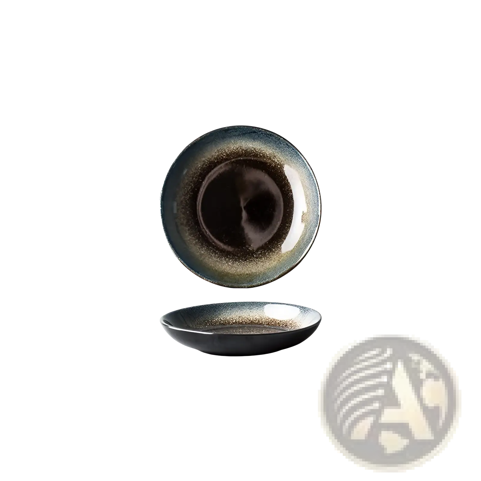 A sleek handcrafted ceramic plate with black, gold, and blue kiln glaze from a porcelain tableware set