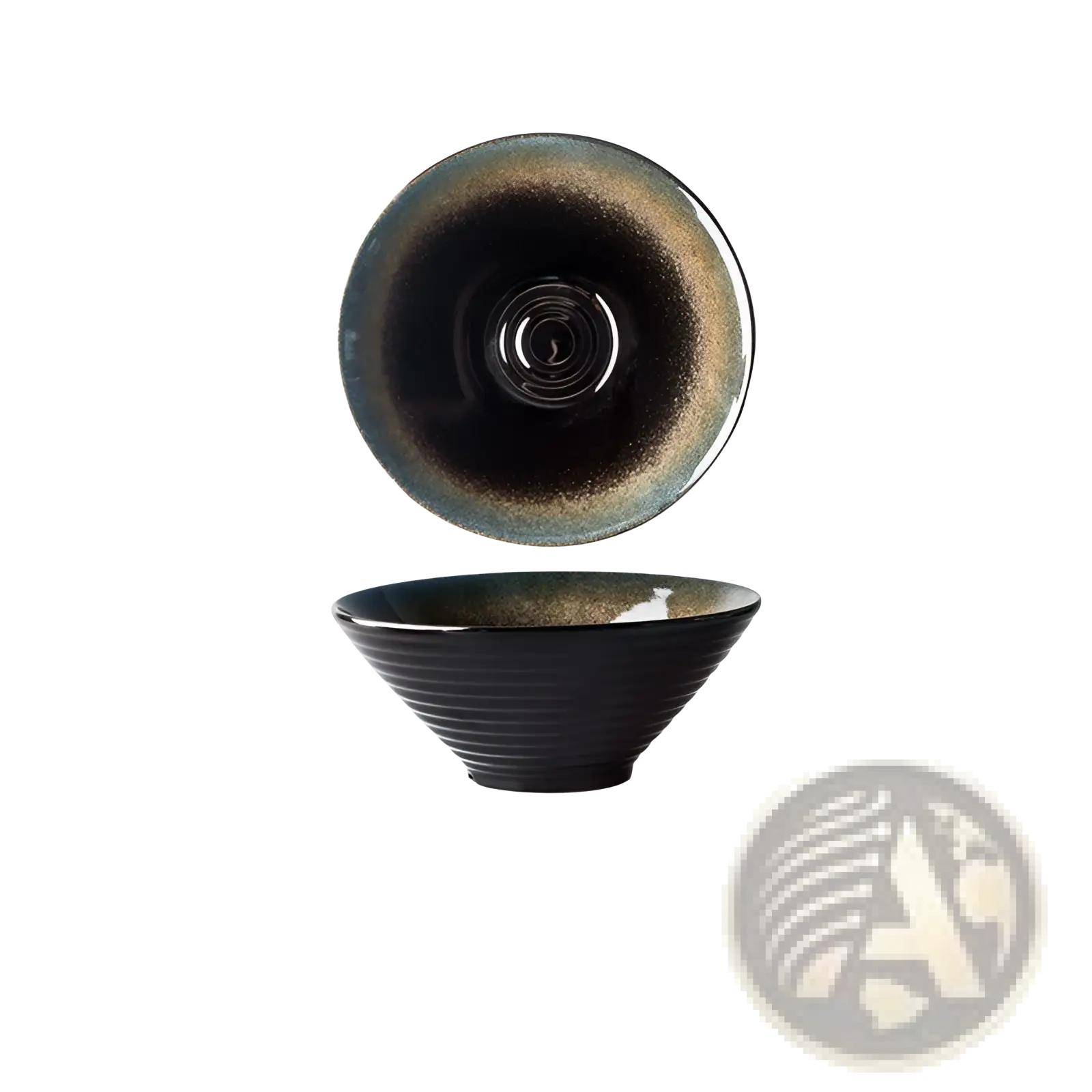 A sleek black and gold ceramic bowl with glossy kiln glaze and horizontal ridges from a porcelain tableware set