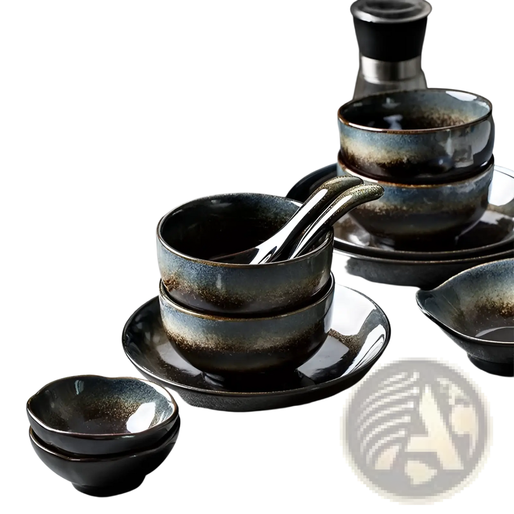 Set of dark black and gold kiln glaze porcelain ceramic bowls with glossy gradient glaze in blue and brown tones