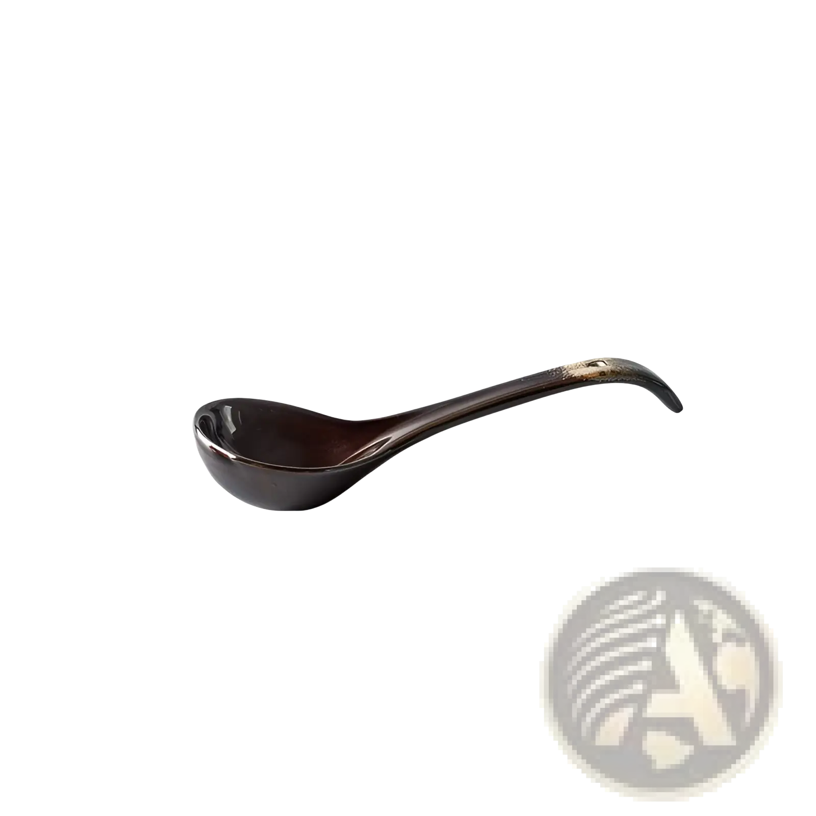 A sleek dark brown ceramic ladle with glossy finish and curved handle from ceramic tableware set black and gold kiln glaze porcelain
