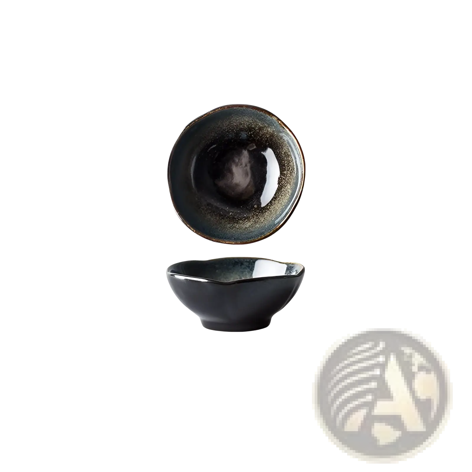 A glossy black ceramic bowl with speckled iridescent glaze and flared rim from black and gold kiln glaze porcelain set