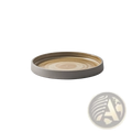 Circular ceramic coaster from a retro Japanese dinnerware set with textured earthy-toned concentric rings in beige and tan