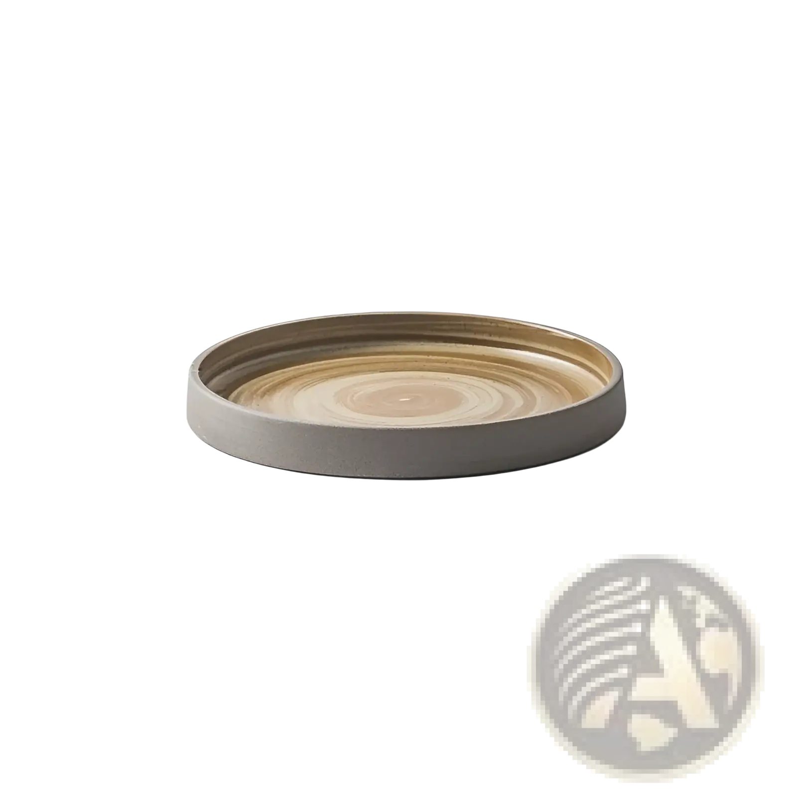 Circular ceramic coaster from a retro Japanese dinnerware set with textured earthy-toned concentric rings in beige and tan