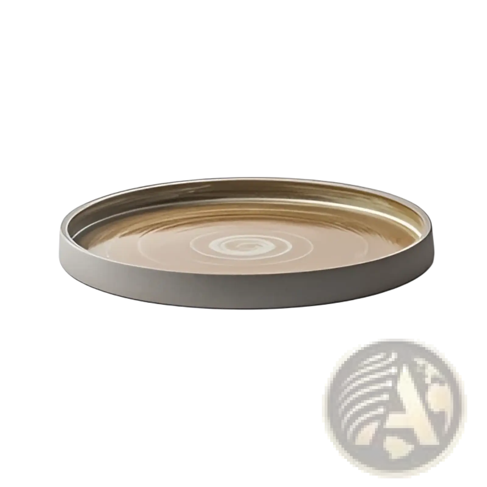 A sleek circular ceramic tray with a matte gray rim and warm gold concentric swirls from a retro japanese dinnerware set