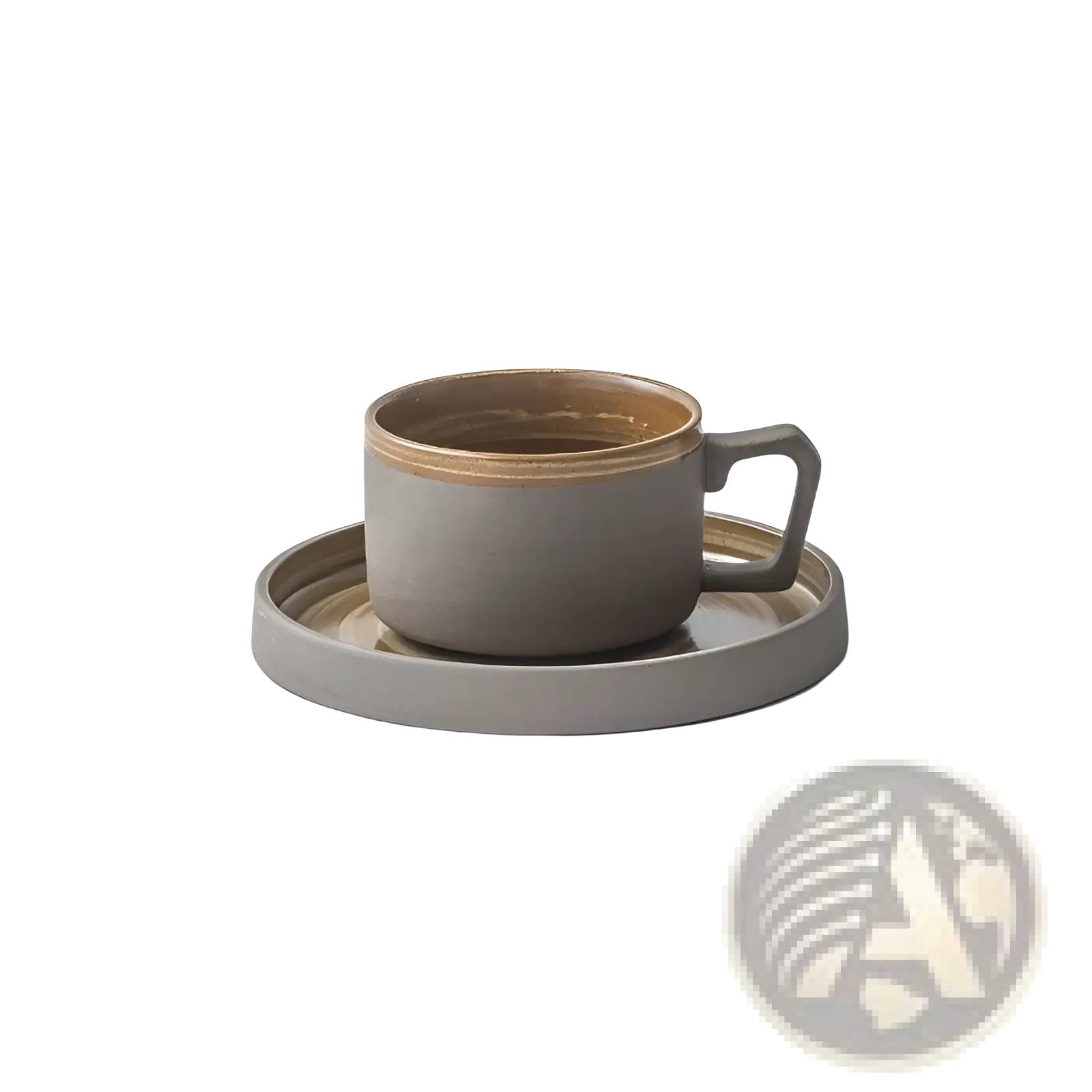 Gray ceramic espresso cup with warm gold rim and matching saucer minimalist design from ceramic tableware set retro Japanese dinnerware