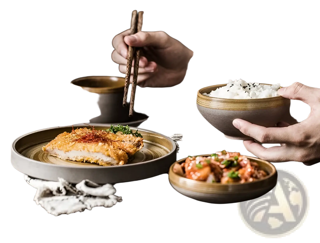 A rustic ceramic bowl from a retro Japanese dinnerware set filled with white rice topped with black sesame seeds