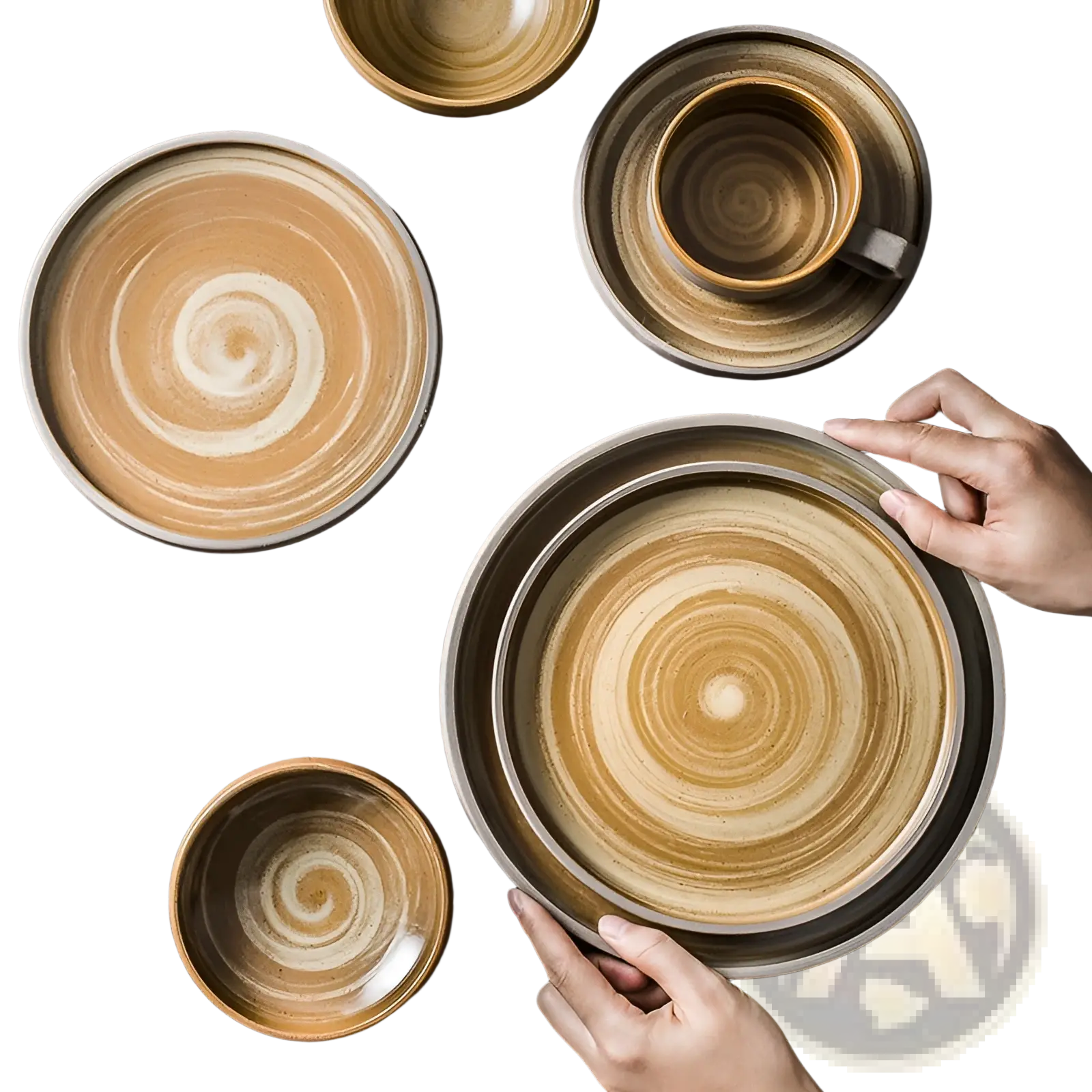 Hand holding rustic ceramic plates with concentric spiral patterns in earthy brown and beige tones from a retro Japanese dinnerware set