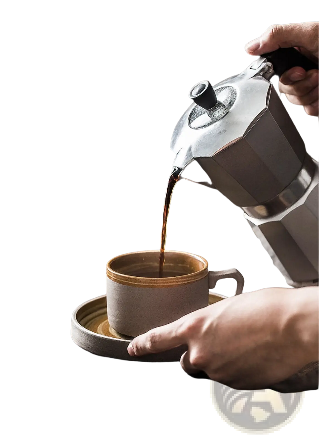 A sleek silver moka pot with black handle pours coffee into a ceramic mug from a retro Japanese ceramic tableware set