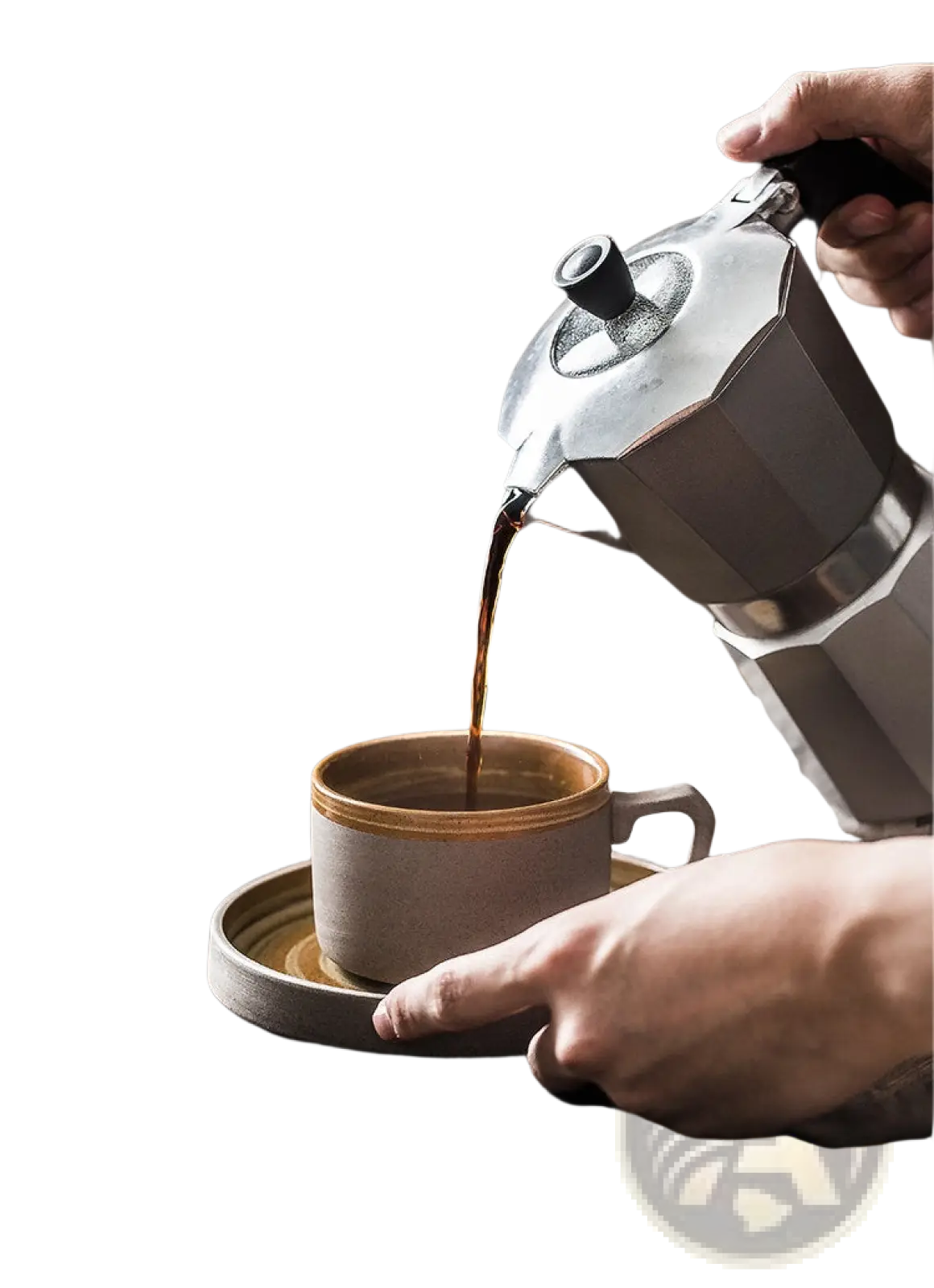 A sleek silver moka pot with black handle pours coffee into a ceramic mug from a retro Japanese ceramic tableware set