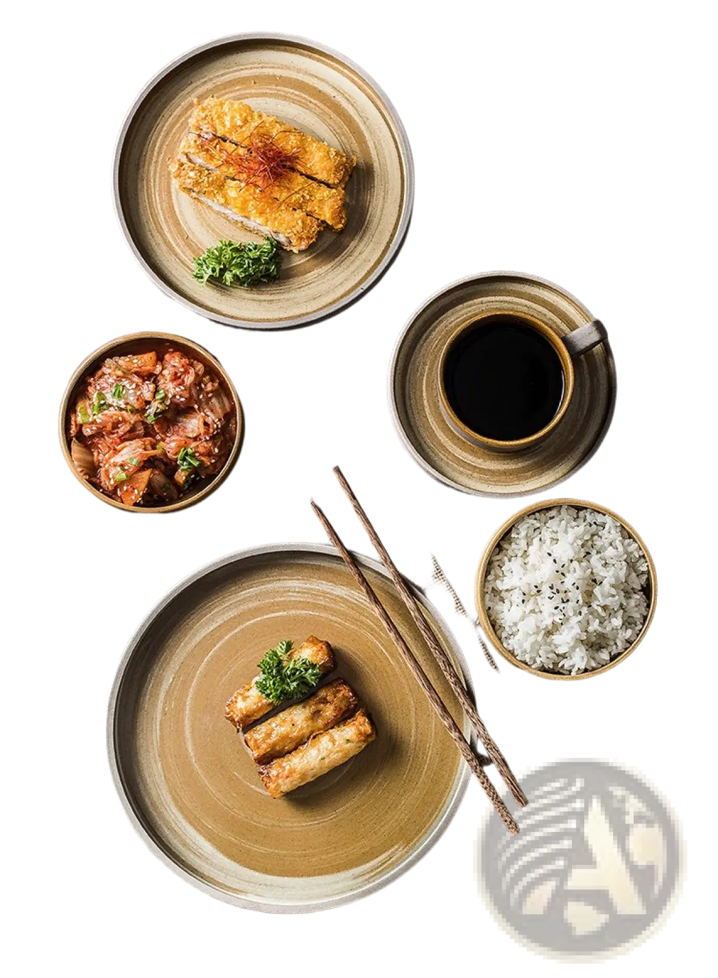 Earthenware ceramic tableware set with matte earthy brown glaze and subtle concentric rings in retro japanese style