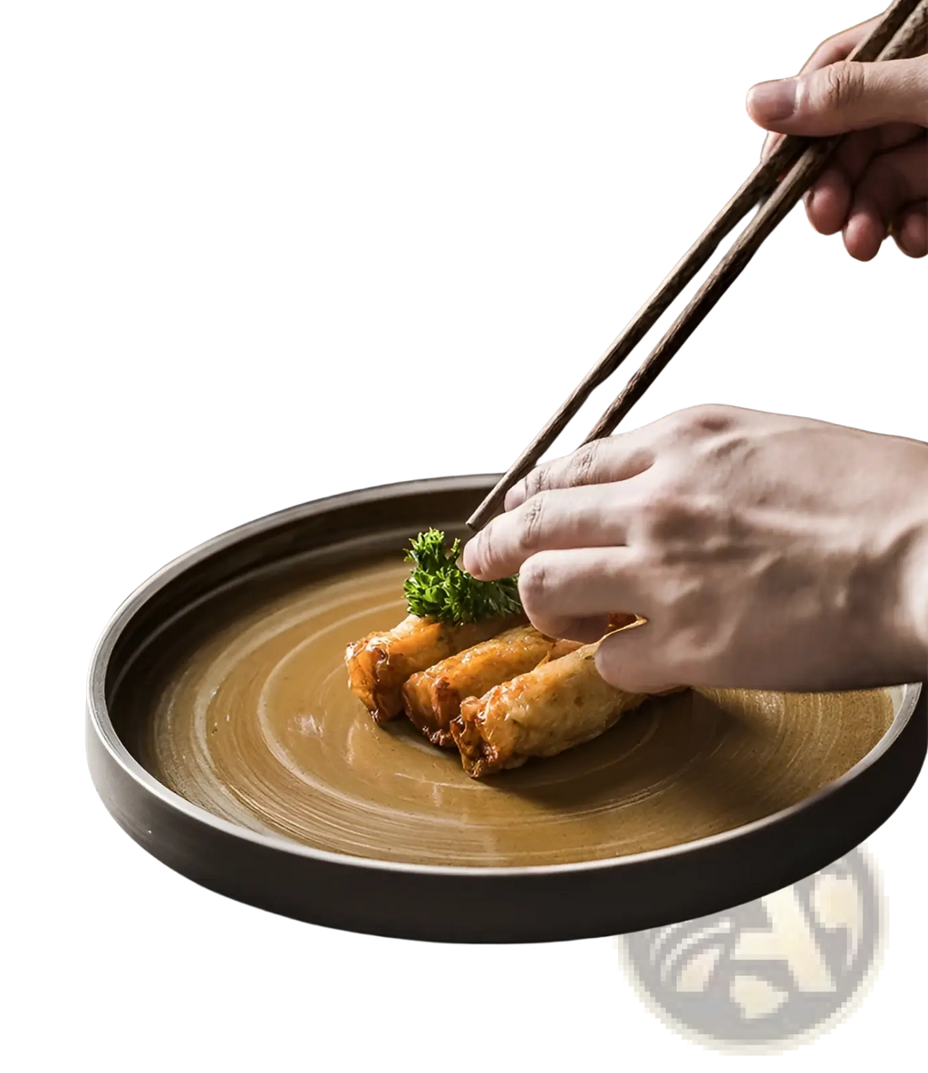 A rustic earth-toned ceramic plate with a subtle concentric ring pattern from a retro Japanese dinnerware set