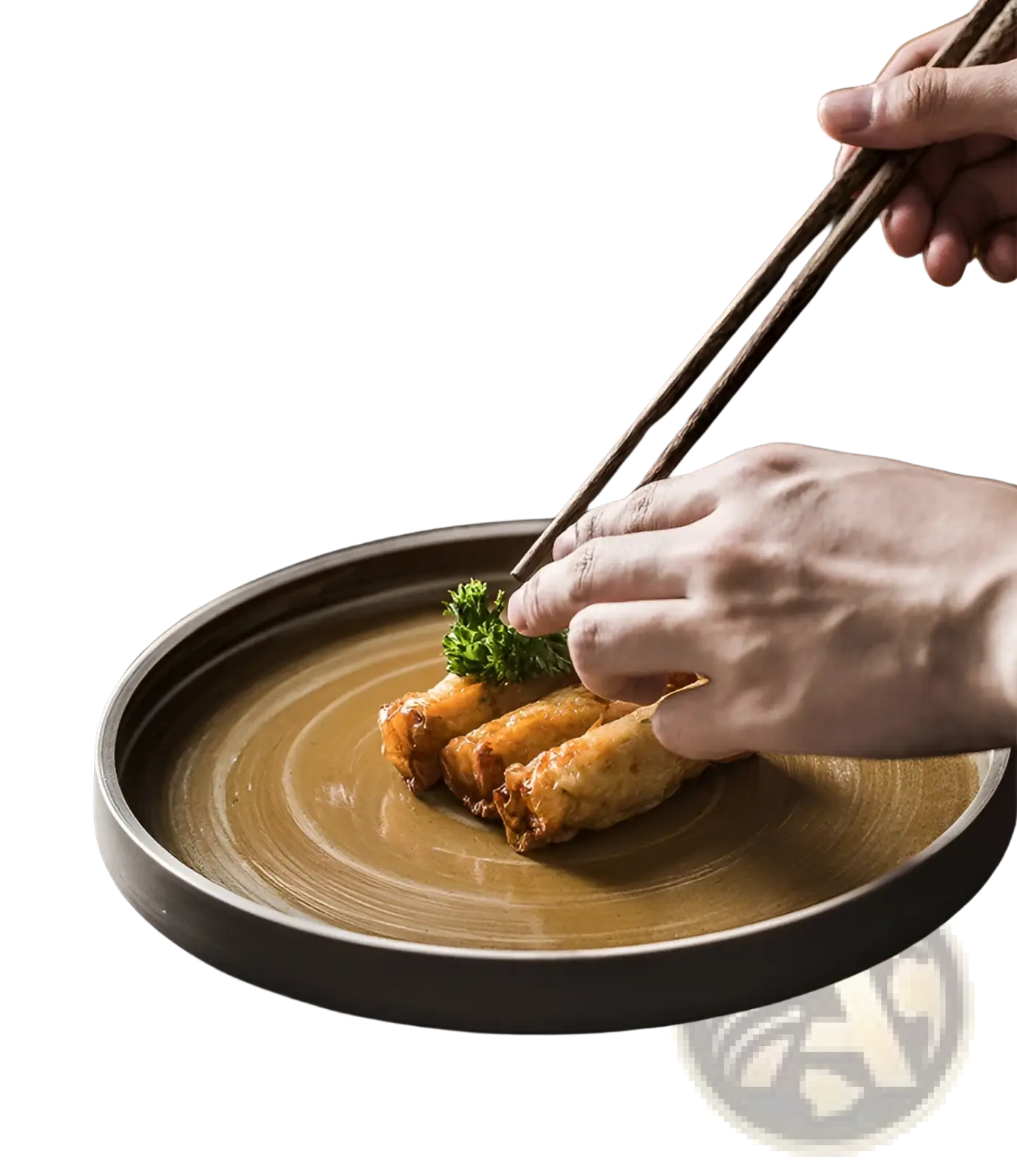 A rustic earth-toned ceramic plate with a subtle concentric ring pattern from a retro Japanese dinnerware set