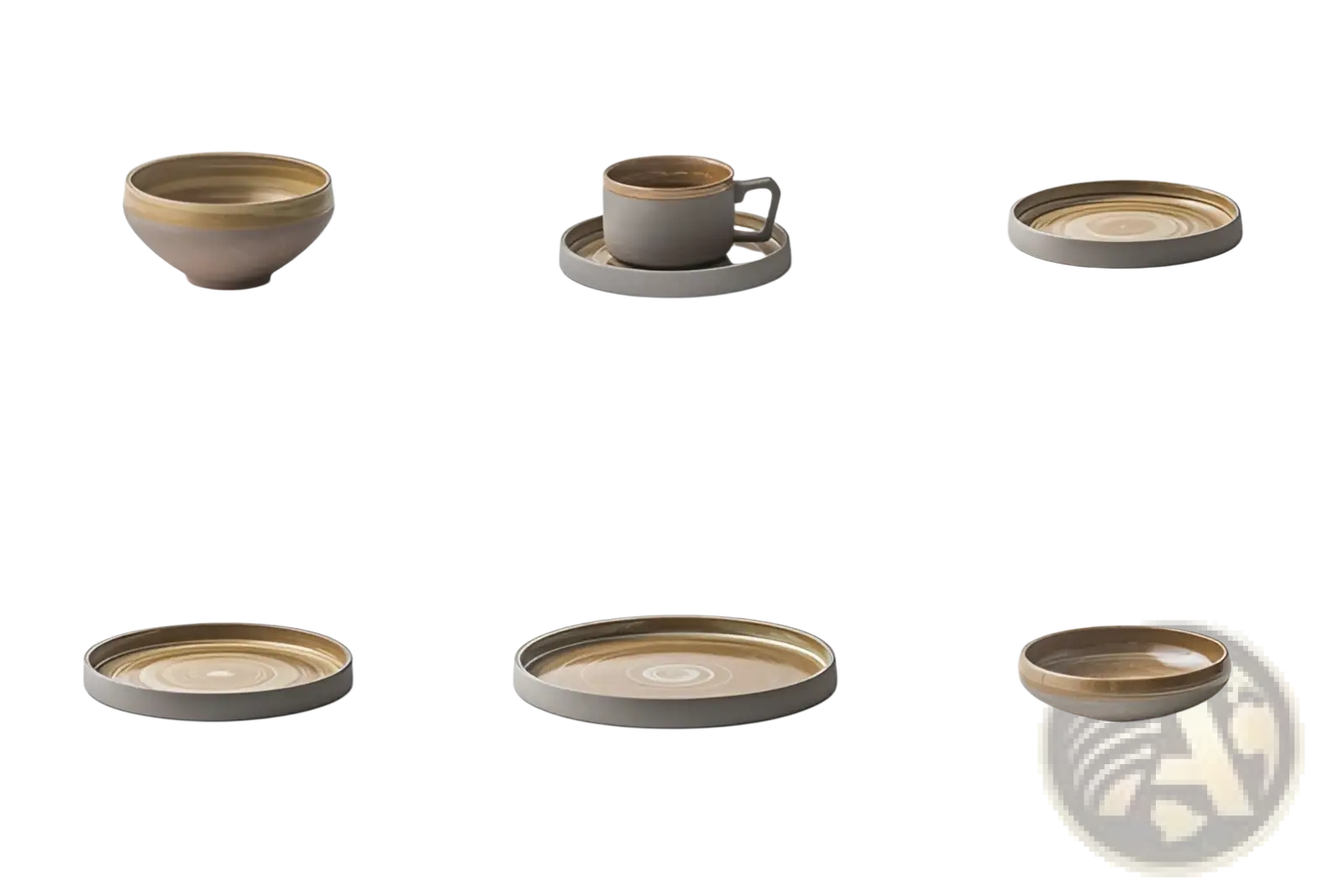 Earthenware ceramic bowl with smooth matte finish and beige taupe concentric rings from retro Japanese dinnerware set