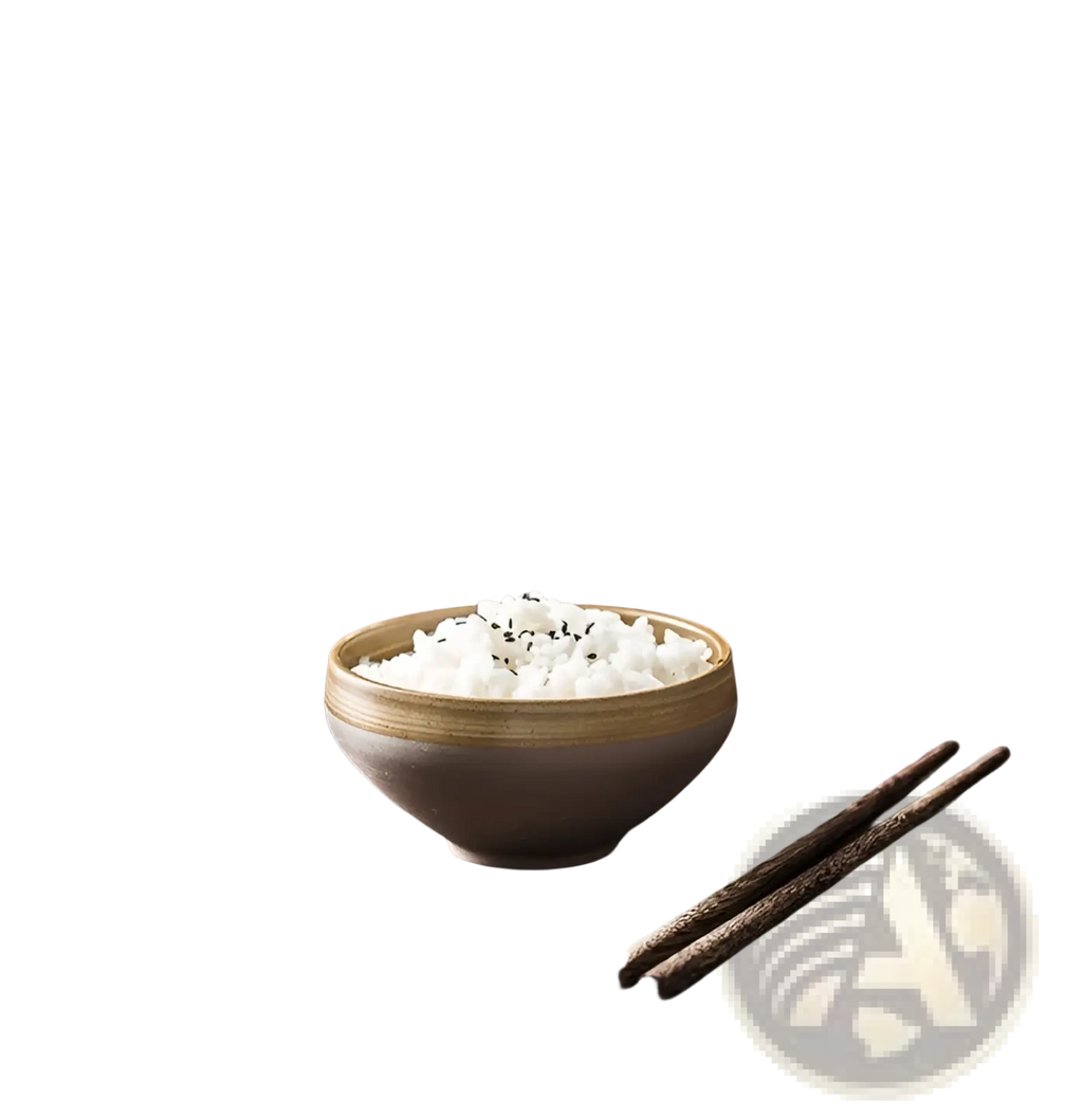 A rustic matte gray ceramic bowl with an earthy gold rim filled with white rice and black sesame seeds from a retro Japanese dinnerware set