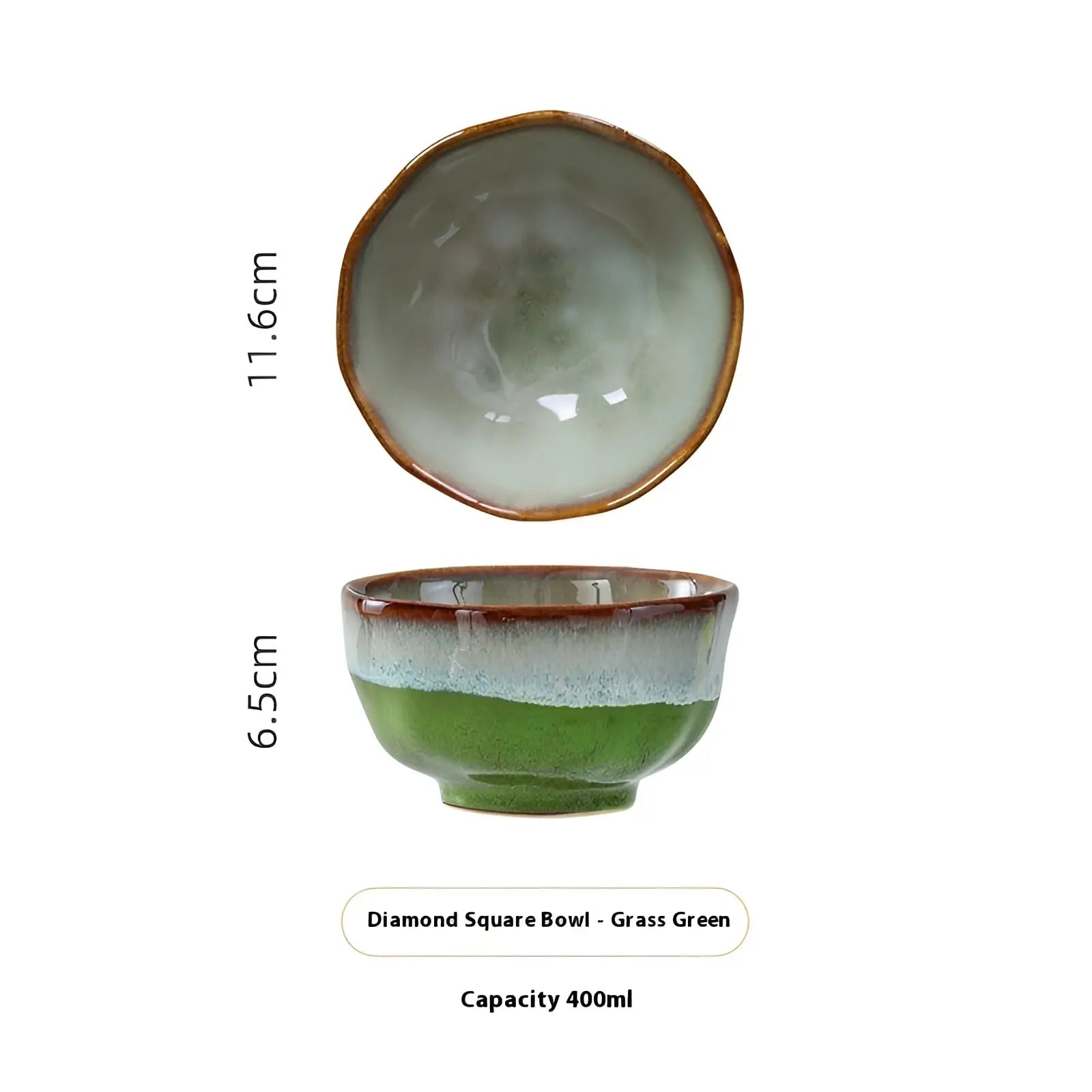 Grass green ceramic bowl with diamond square shape and two-tone glaze from scalloped fambe diamond dishes set