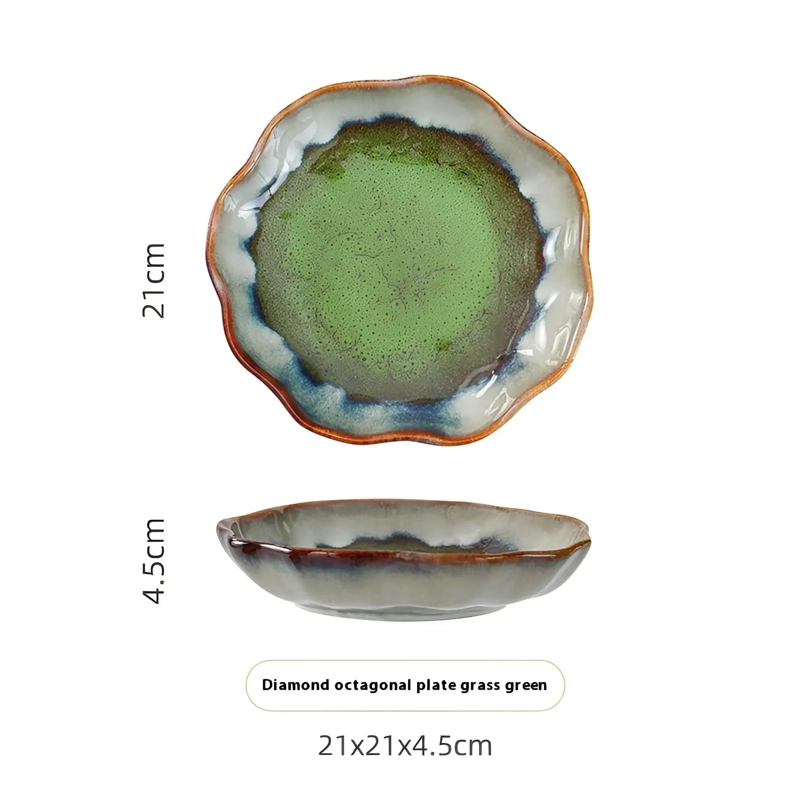 A handcrafted ceramic tableware plate with scalloped diamond edge in vibrant grass green glaze transitioning to blue rim