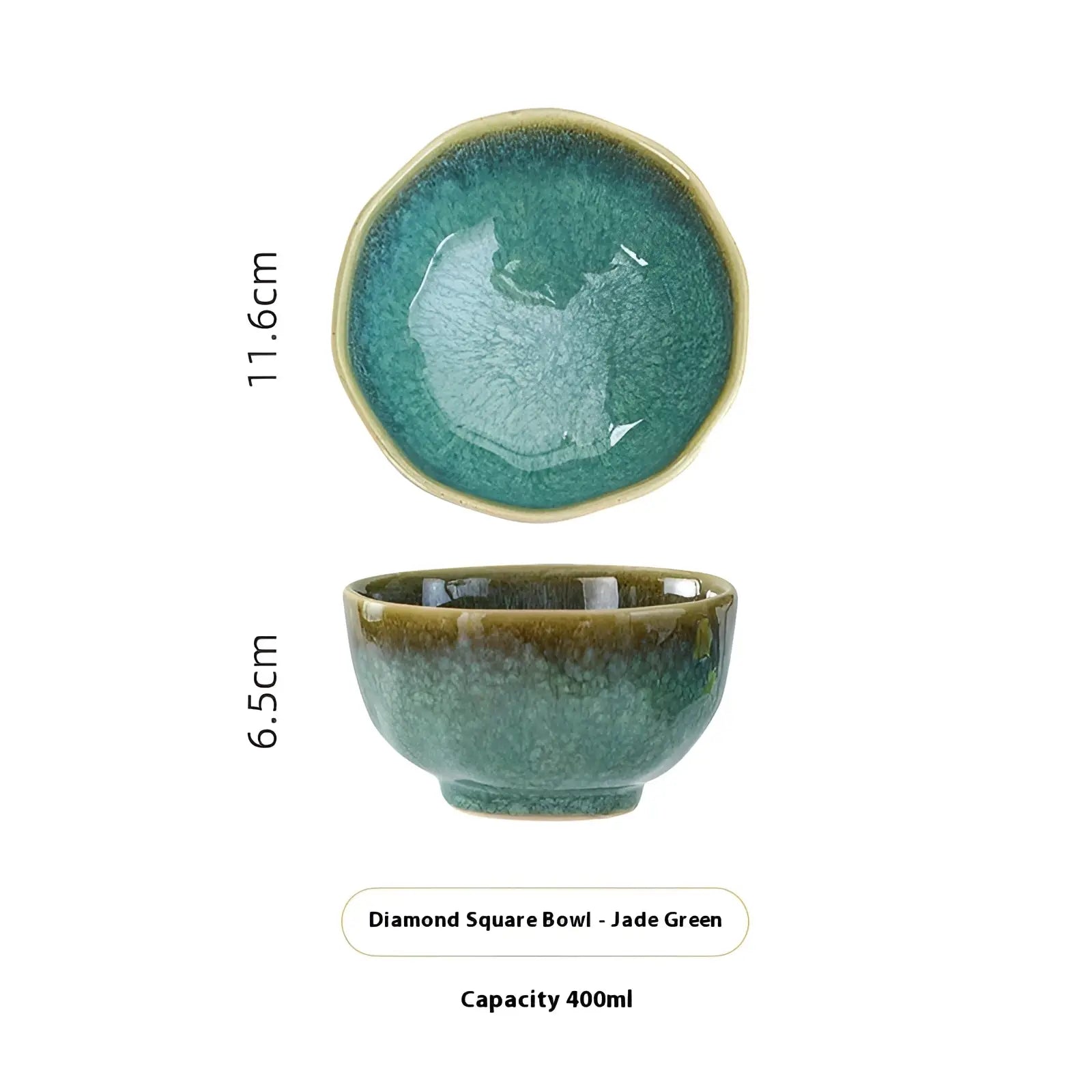 Jade green ceramic scalloped fambe diamond bowl with crackled glaze finish for elegant tableware set