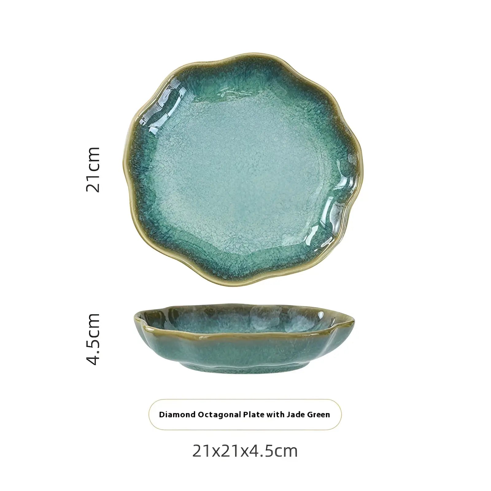 Jade green ceramic scalloped fambe diamond plate with octagonal shape for elegant tableware set