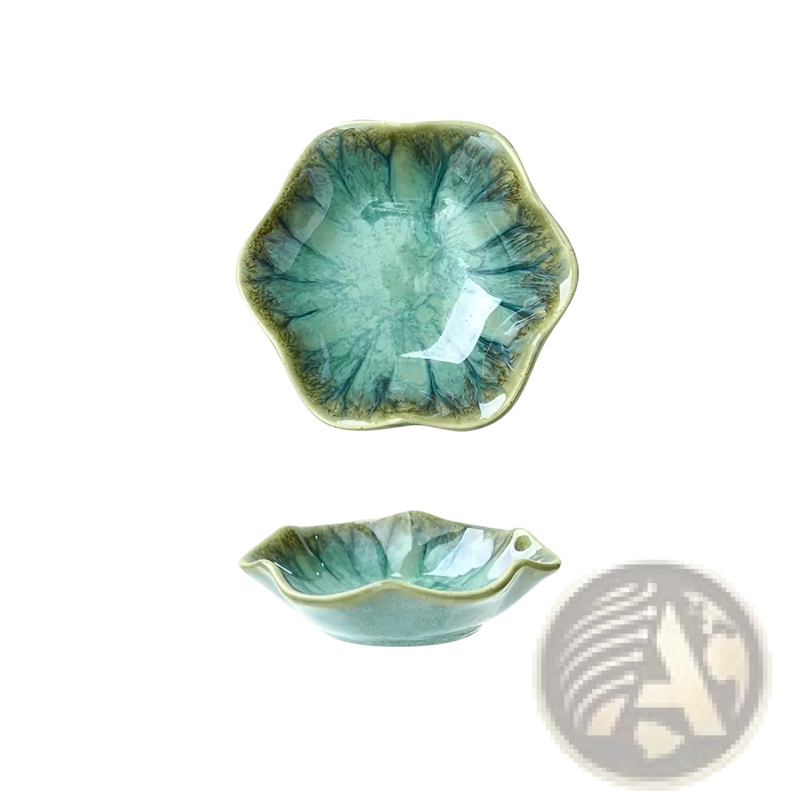 Ceramic tableware scalloped fambe diamond dish in mist green ceramic with glossy glaze and subtle lotus leaf veining