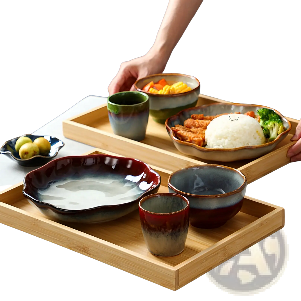 Set of scalloped fambe diamond ceramic tableware featuring glazed gradient colors and rustic handcrafted design