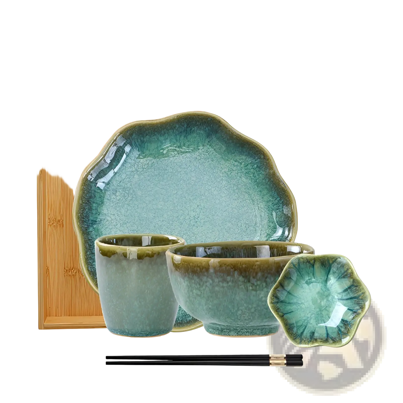 Set of ceramic tableware with crackled teal glaze and scalloped edges including plates bowls cups and a dish