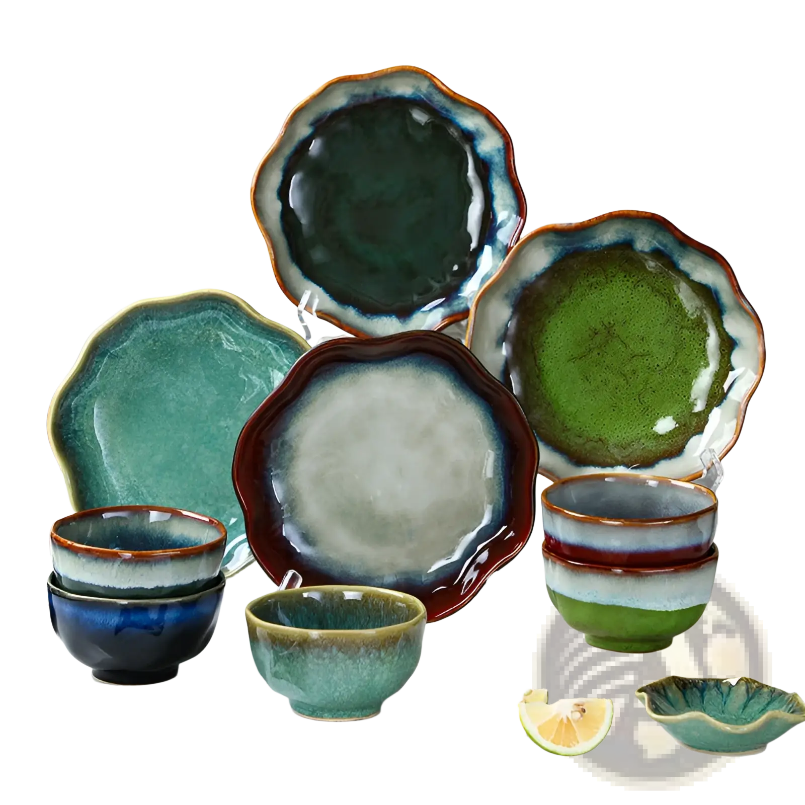 A ceramic tableware set with scalloped edges and glossy glaze in earthy green blue red and brown tones