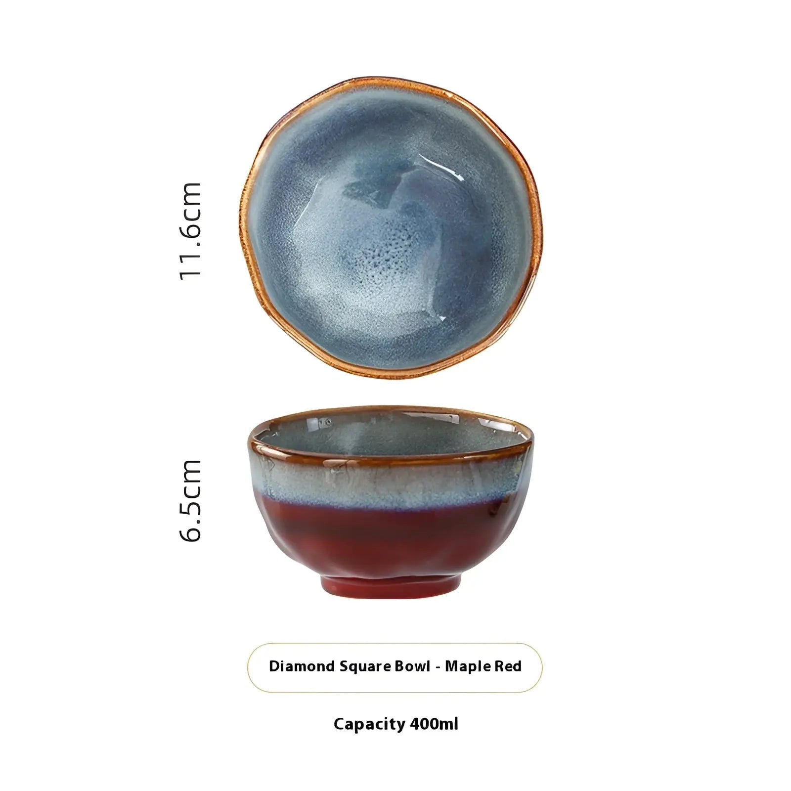 A handcrafted ceramic tableware bowl with scalloped fambe diamond shape and gradient maple red to blue-gray glaze