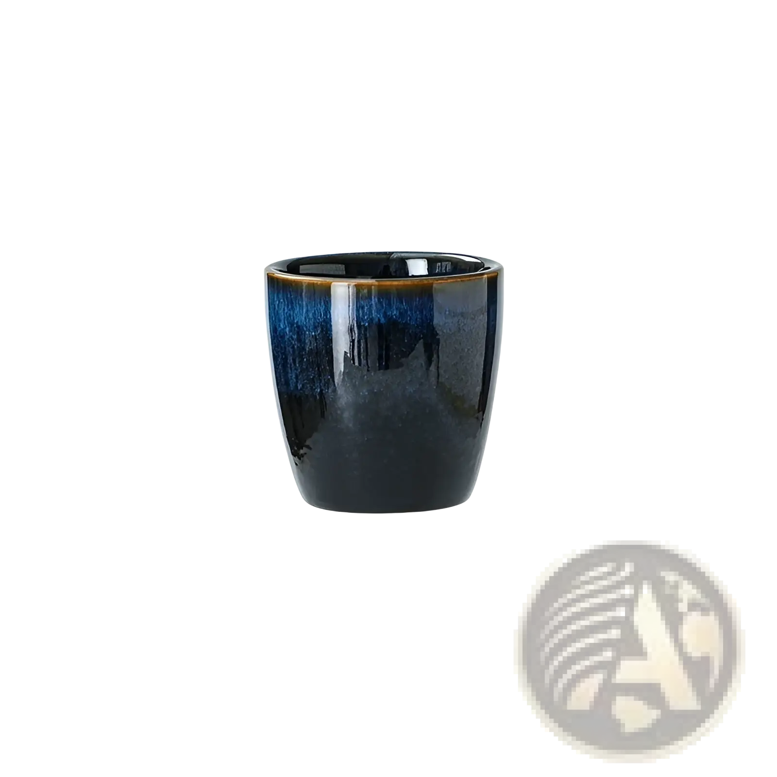 A sleek glazed ceramic cup from the ceramic tableware set scalloped fambe diamond dishes with deep blue to black gradient and golden rim