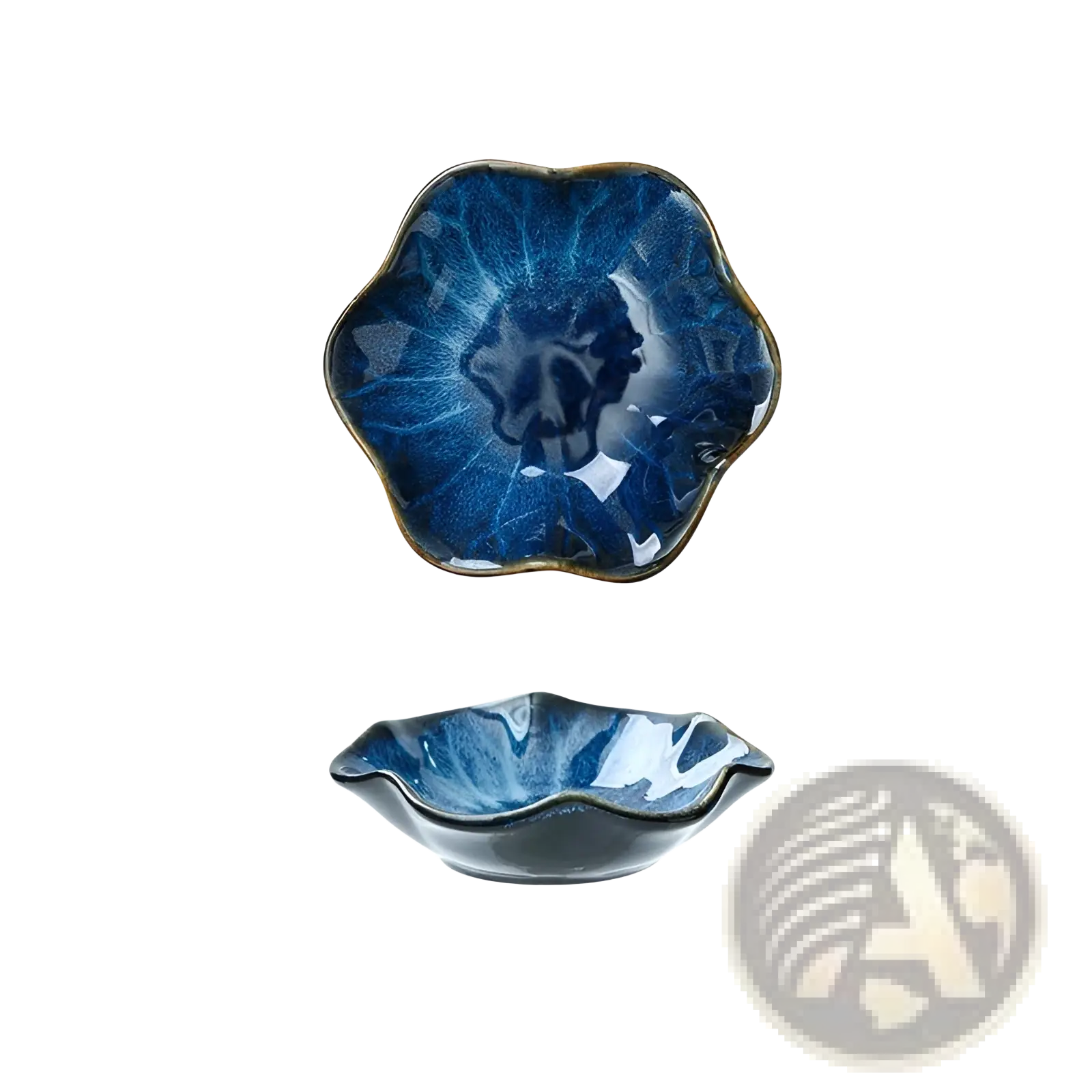 Ocean blue ceramic tableware dish shaped like a lotus leaf with glossy glaze and scalloped edges from scalloped fambe diamond dishes set