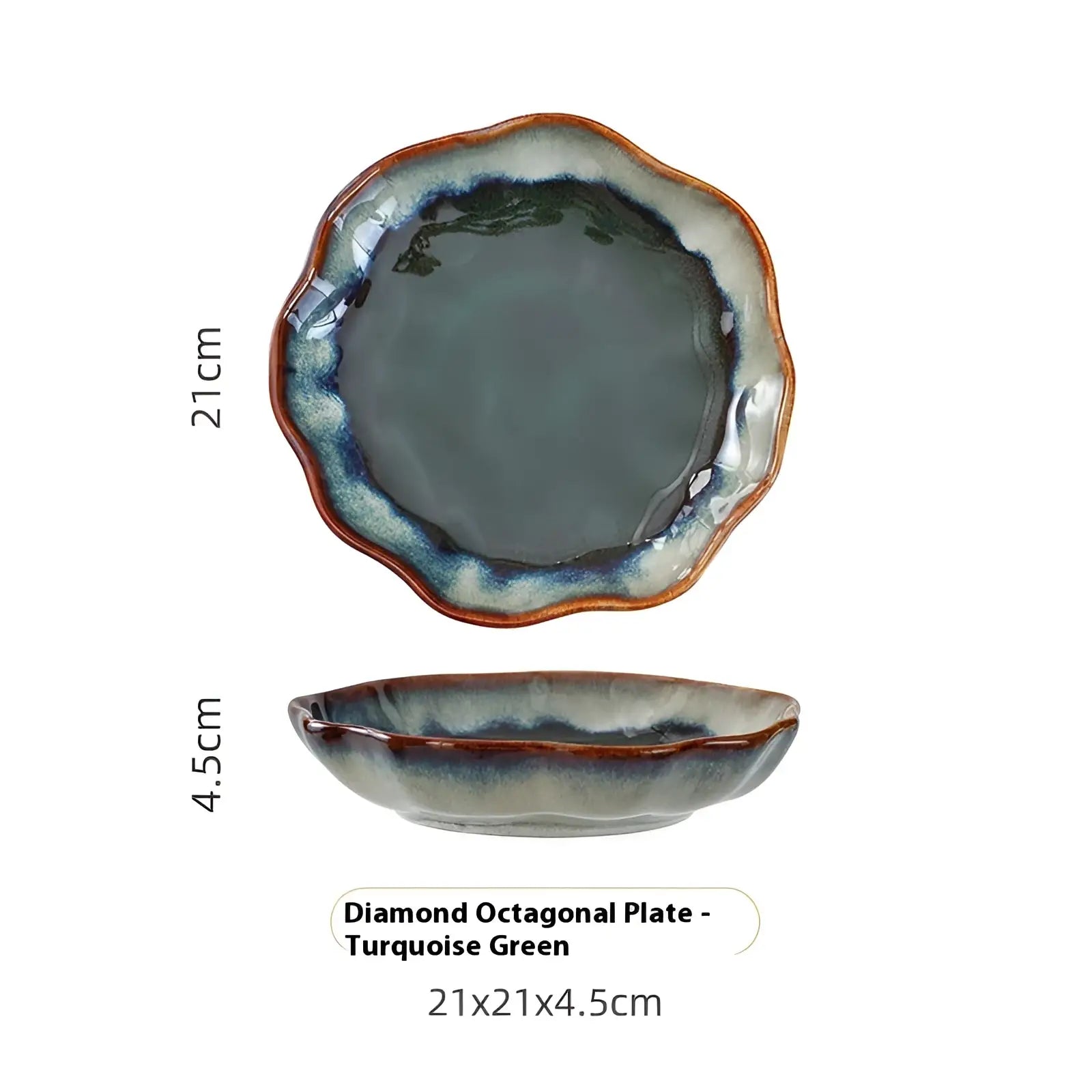 Ceramic tableware set scalloped fambe diamond dish featuring a turquoise green glaze and brownish-orange rim with irregular edge
