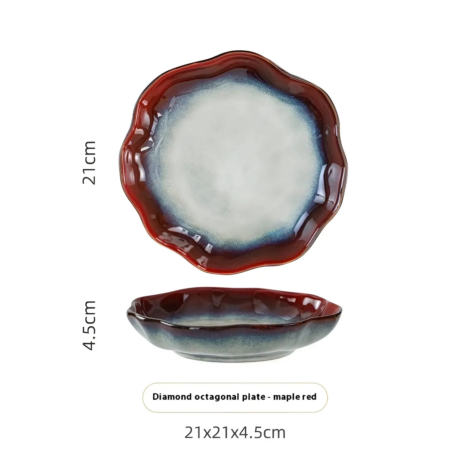 A glossy ceramic tableware set scalloped fambé diamond dish with a gradient glaze from red to blue center