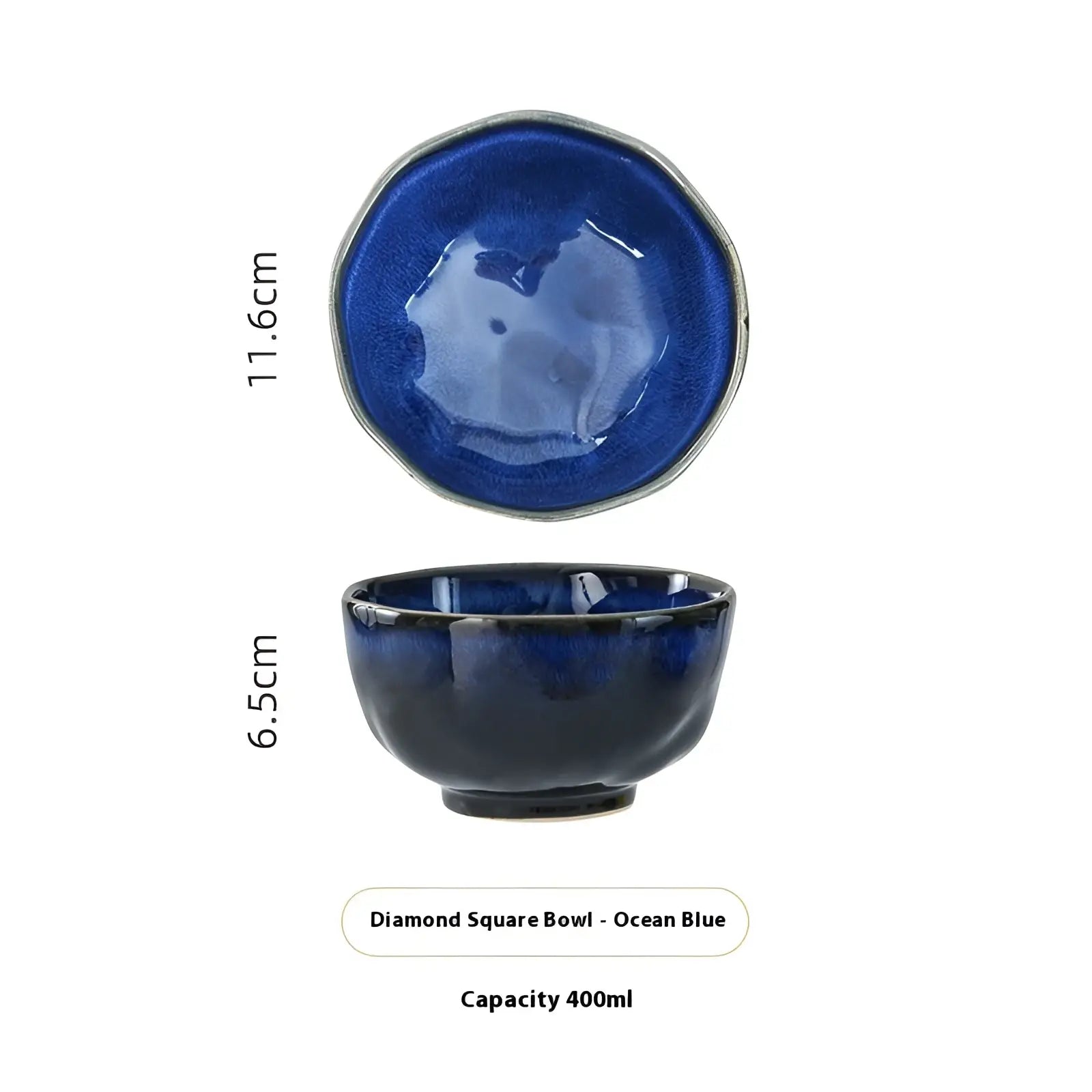 Ocean blue ceramic bowl from scalloped fambe diamond dishes set with diamond square design and glossy glaze finish