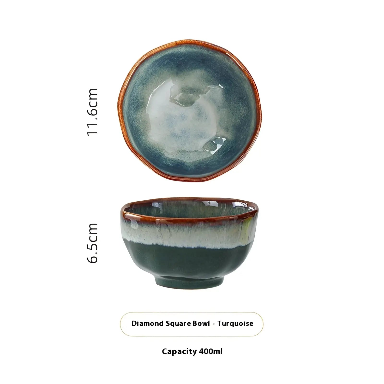 A handcrafted ceramic bowl with scalloped edges featuring a turquoise gradient glaze and brown rim diamond design
