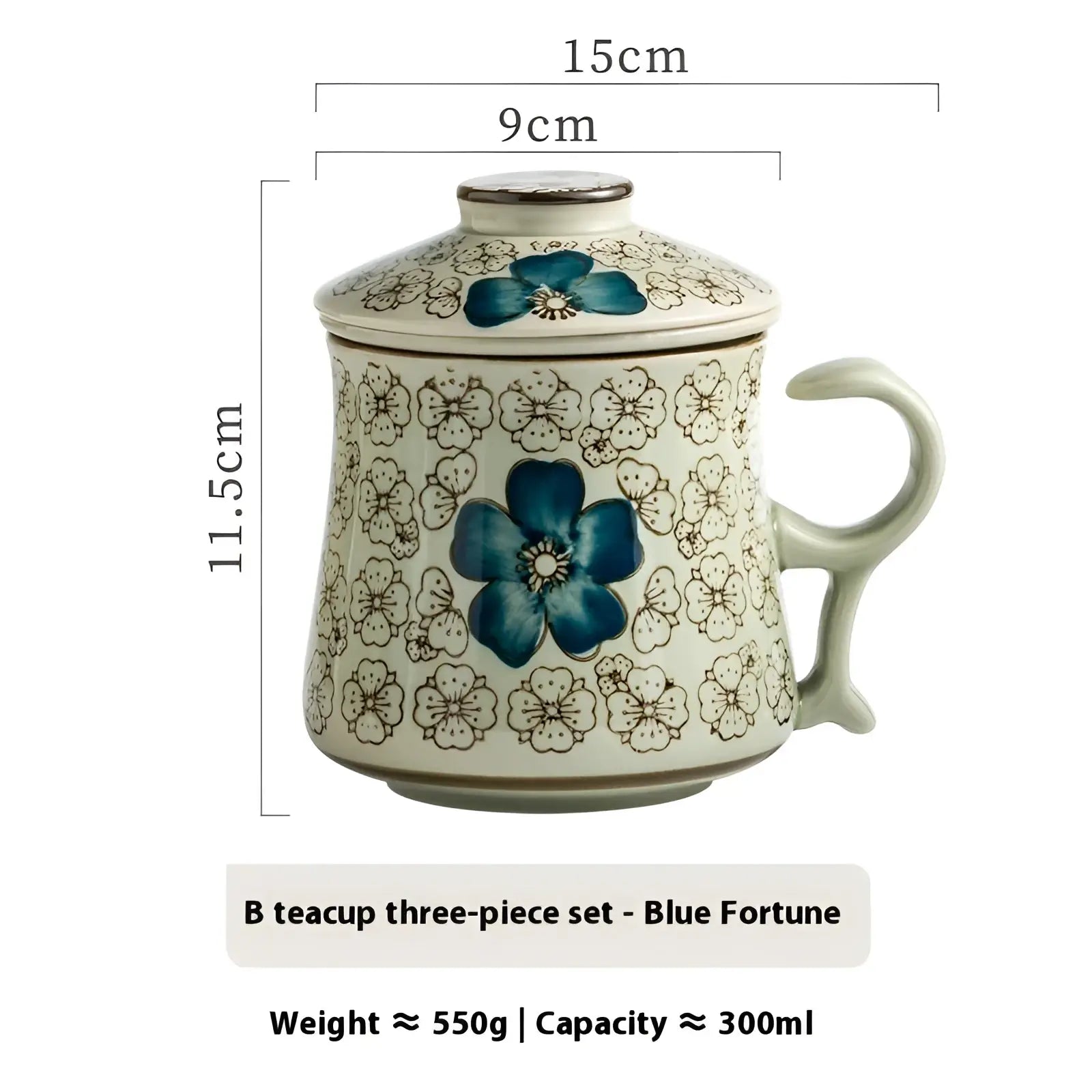 Cream-colored ceramic tea mug with infuser and lid featuring intricate blue floral patterns 300ml capacity