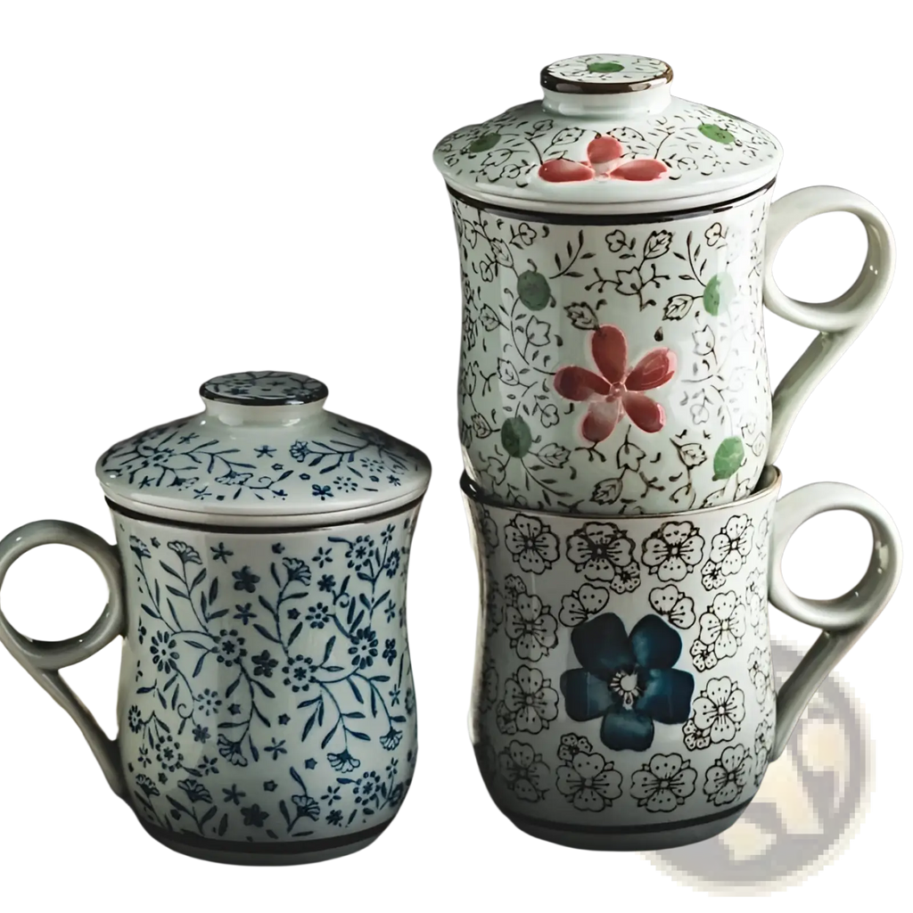 White ceramic tea mug with infuser and lid featuring delicate blue and red floral patterns 300ml capacity