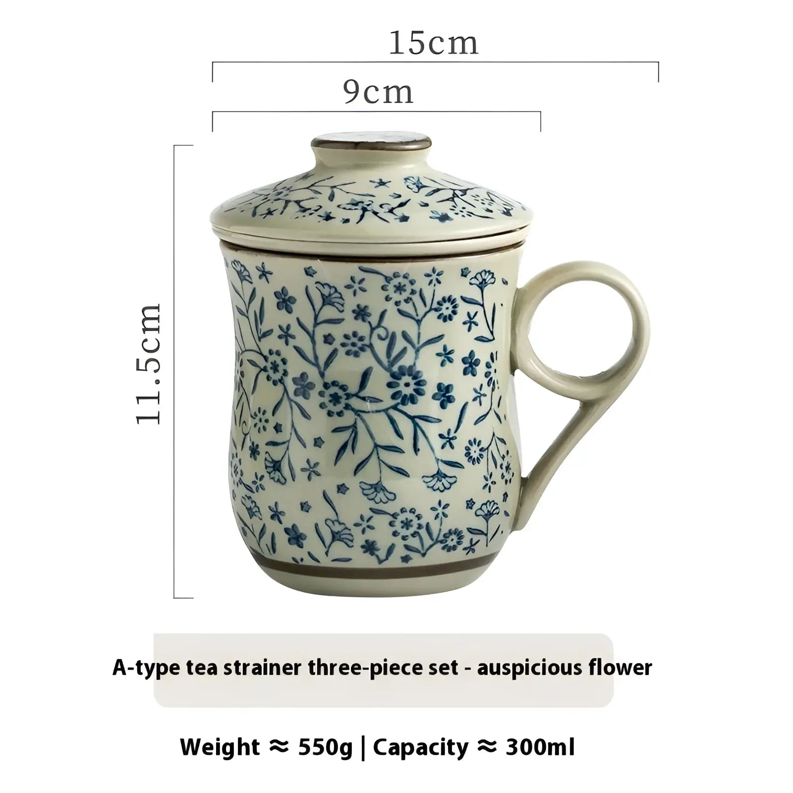 Cream-colored ceramic tea mug with blue floral pattern and matching lid, includes infuser, 300ml capacity