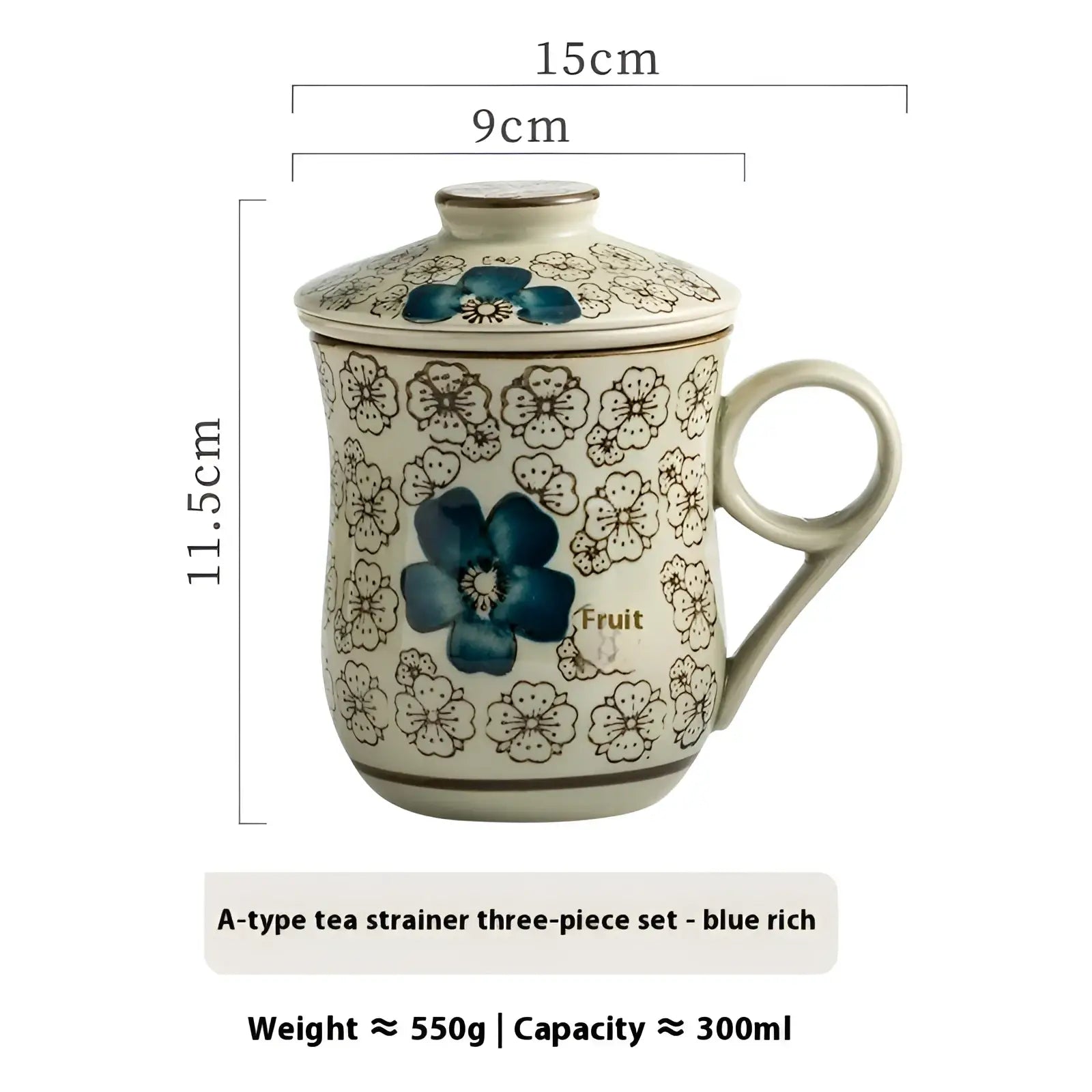 Cream-colored ceramic tea mug with infuser and lid featuring black floral outlines and blue blossoms 300ml capacity