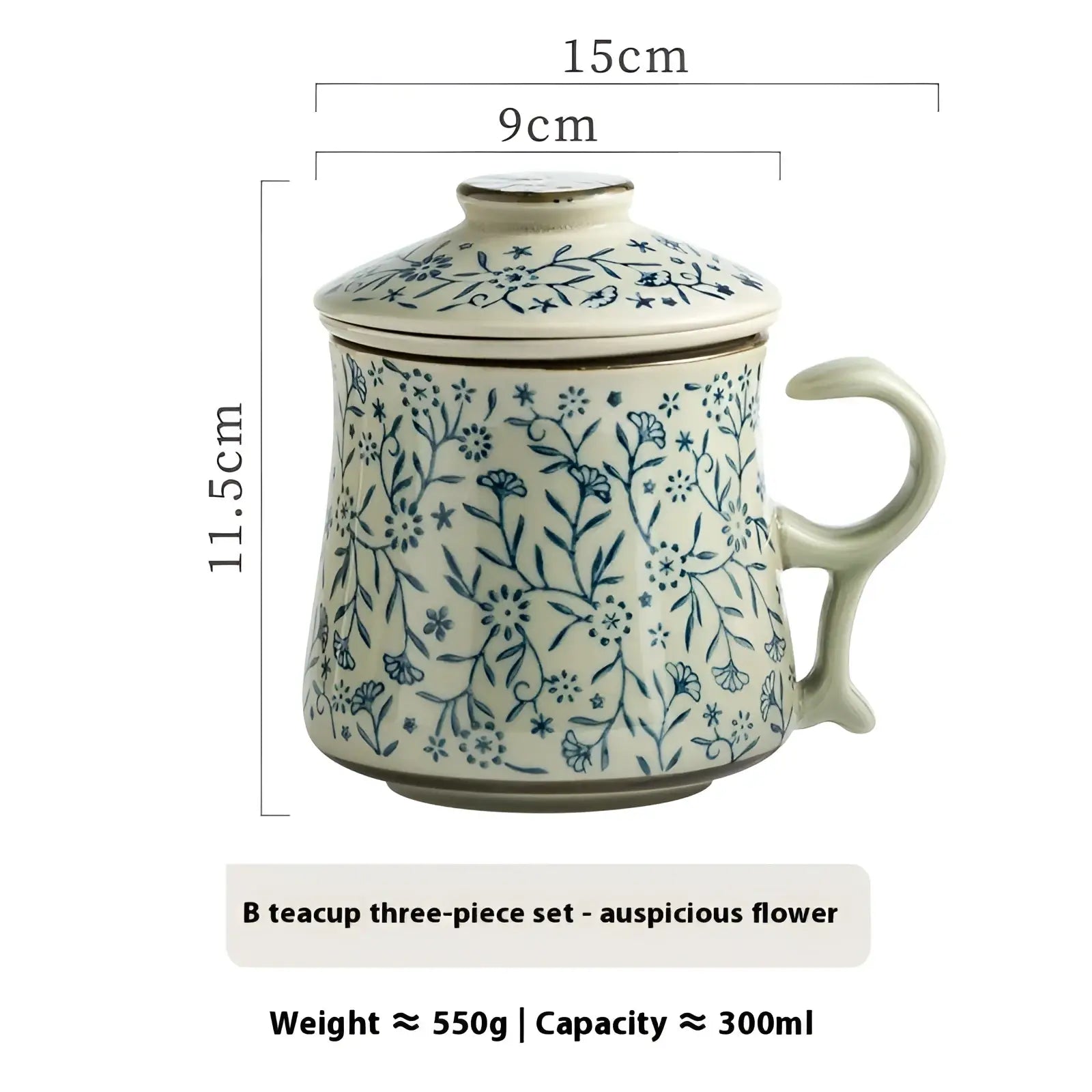 Cream-colored ceramic tea mug with infuser and lid featuring delicate blue floral auspicious patterns 300ml capacity