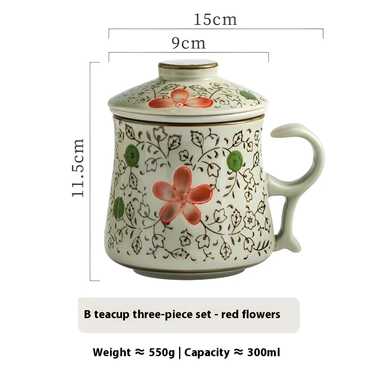 A ceramic tea mug with infuser and lid featuring delicate red and green floral patterns on an off-white background