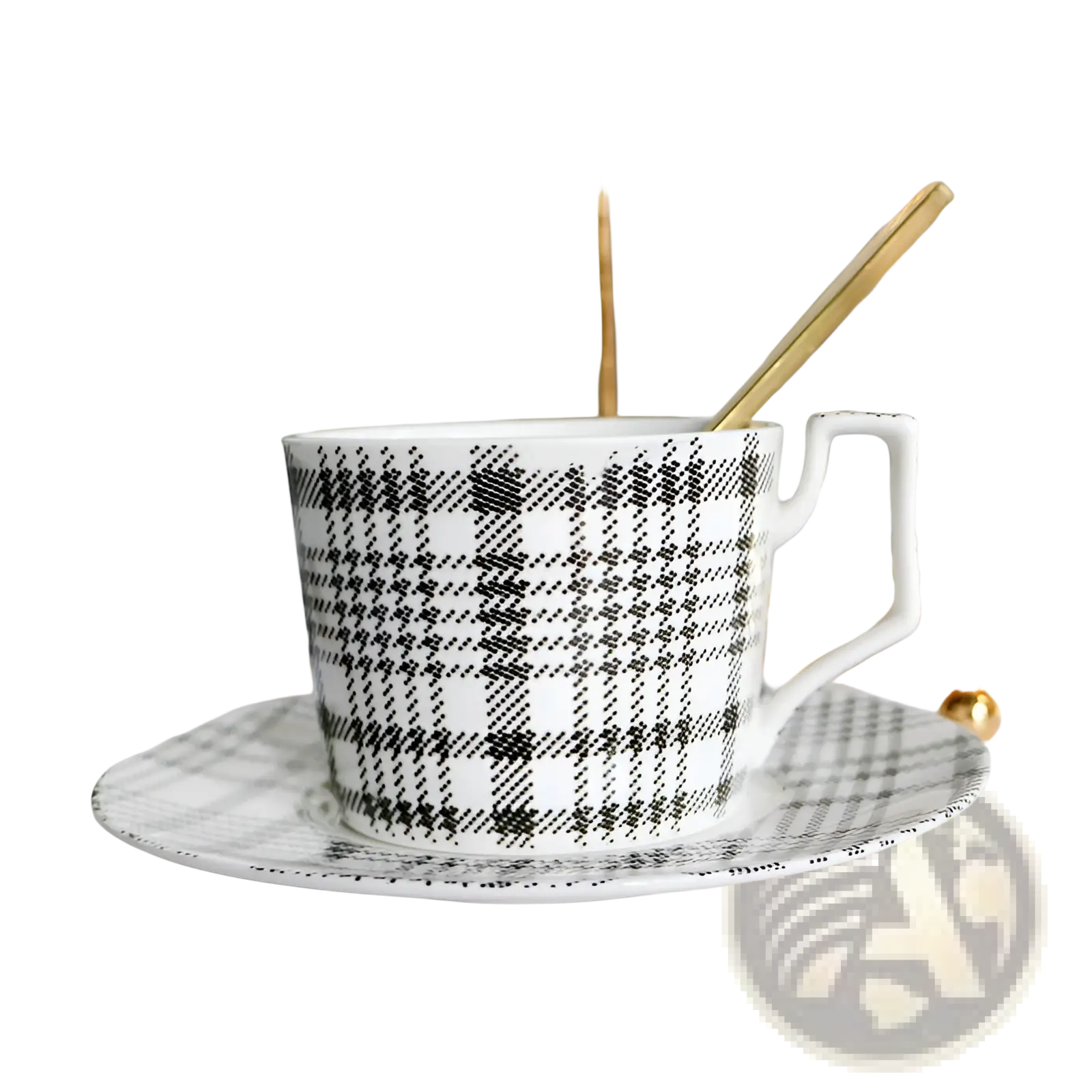 Black and white plaid ceramic teacup with matching saucer from ceramic tea set with plaid teapot and gold trim tray