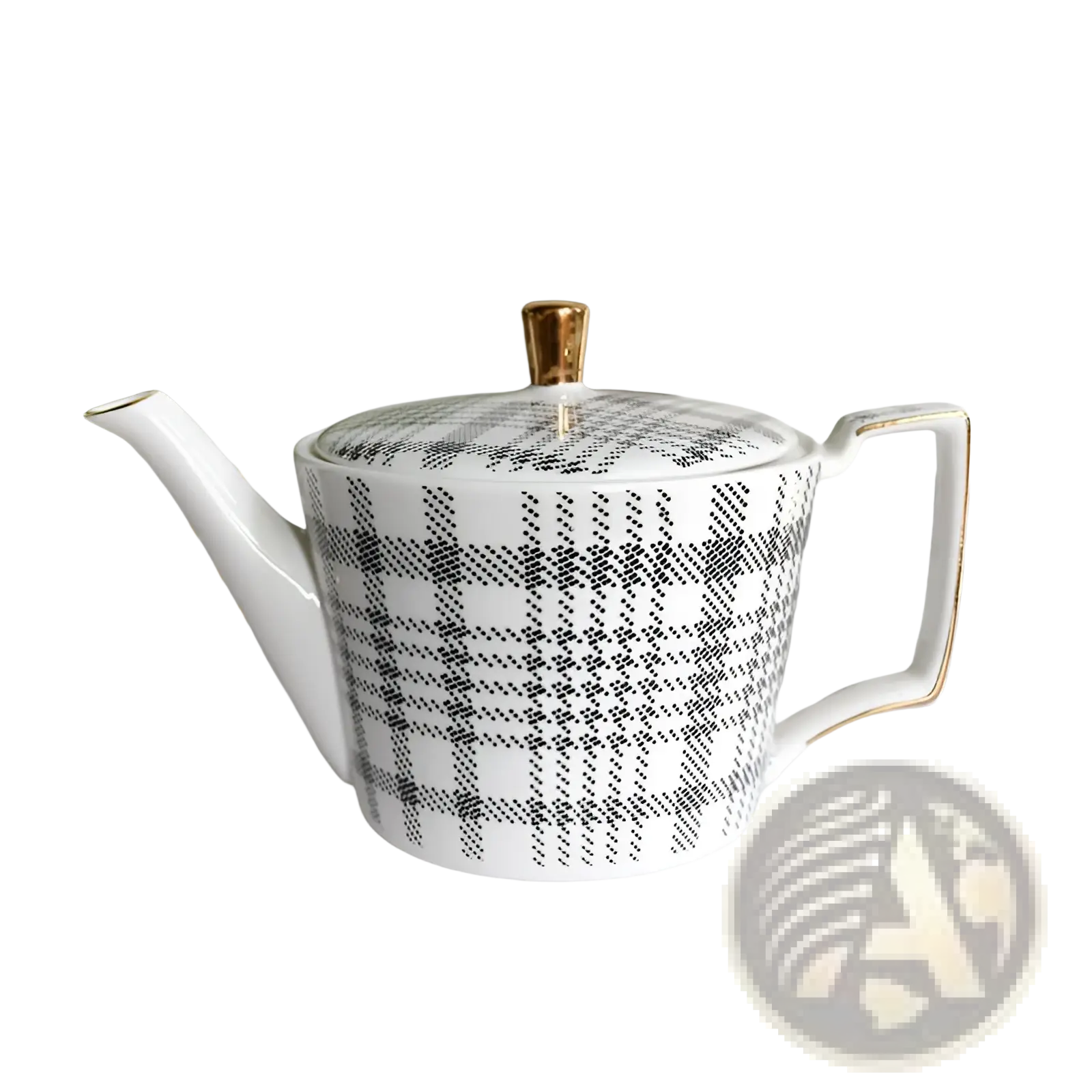 White ceramic teapot with black plaid pattern and gold-trimmed lid handle and spout in ceramic tea set tray