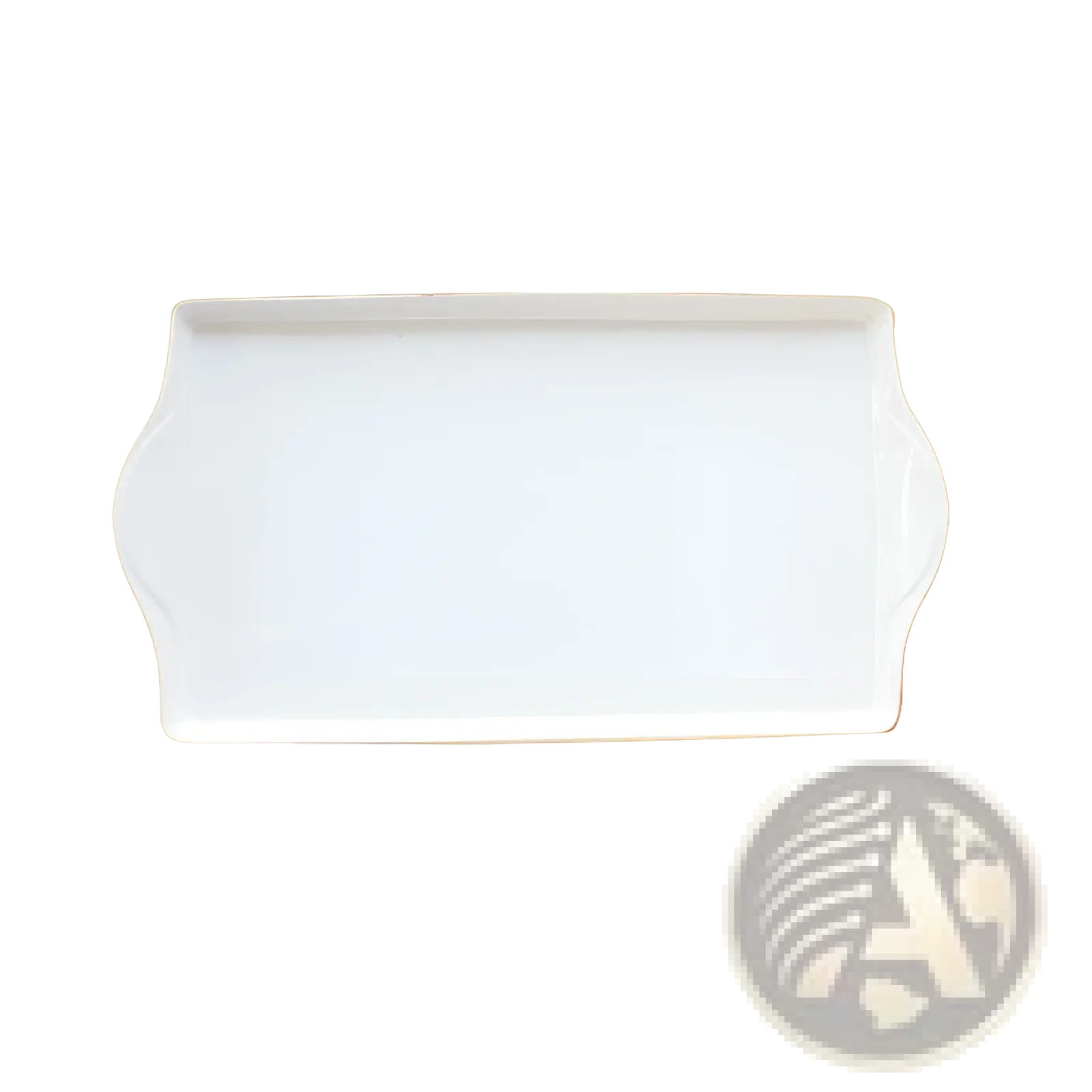 White rectangular ceramic serving tray with gently curved sides and delicate gold rim from ceramic tea set with plaid teapot