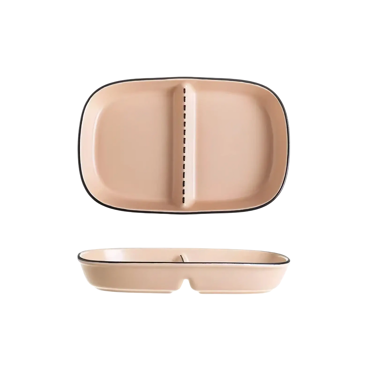 Beige ceramic three compartment divided portion plate with black rim and central divider for serving food